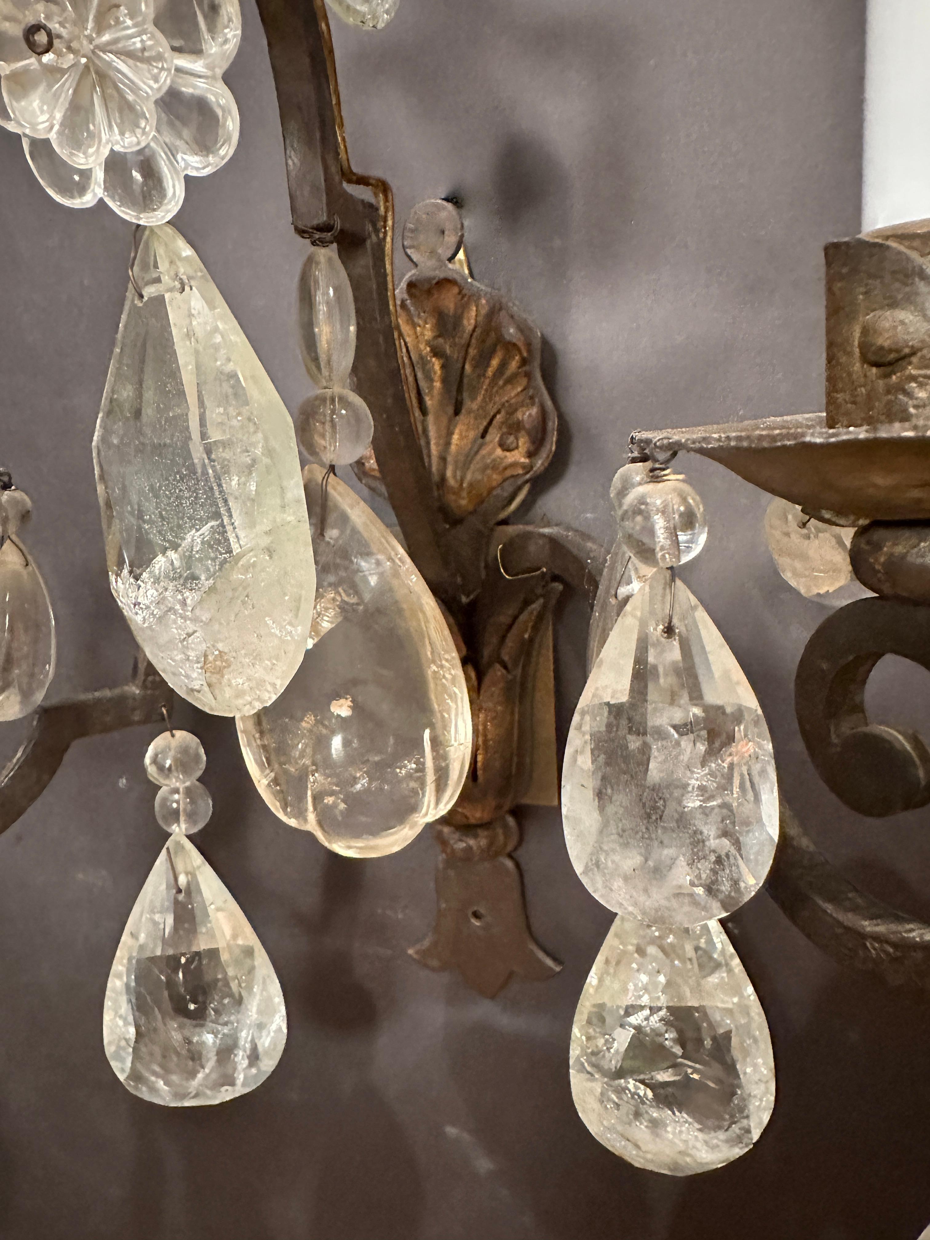 Blackened Pair Of Rock Crystal, Tole And Wrought Iron Wall Sconces For Sale