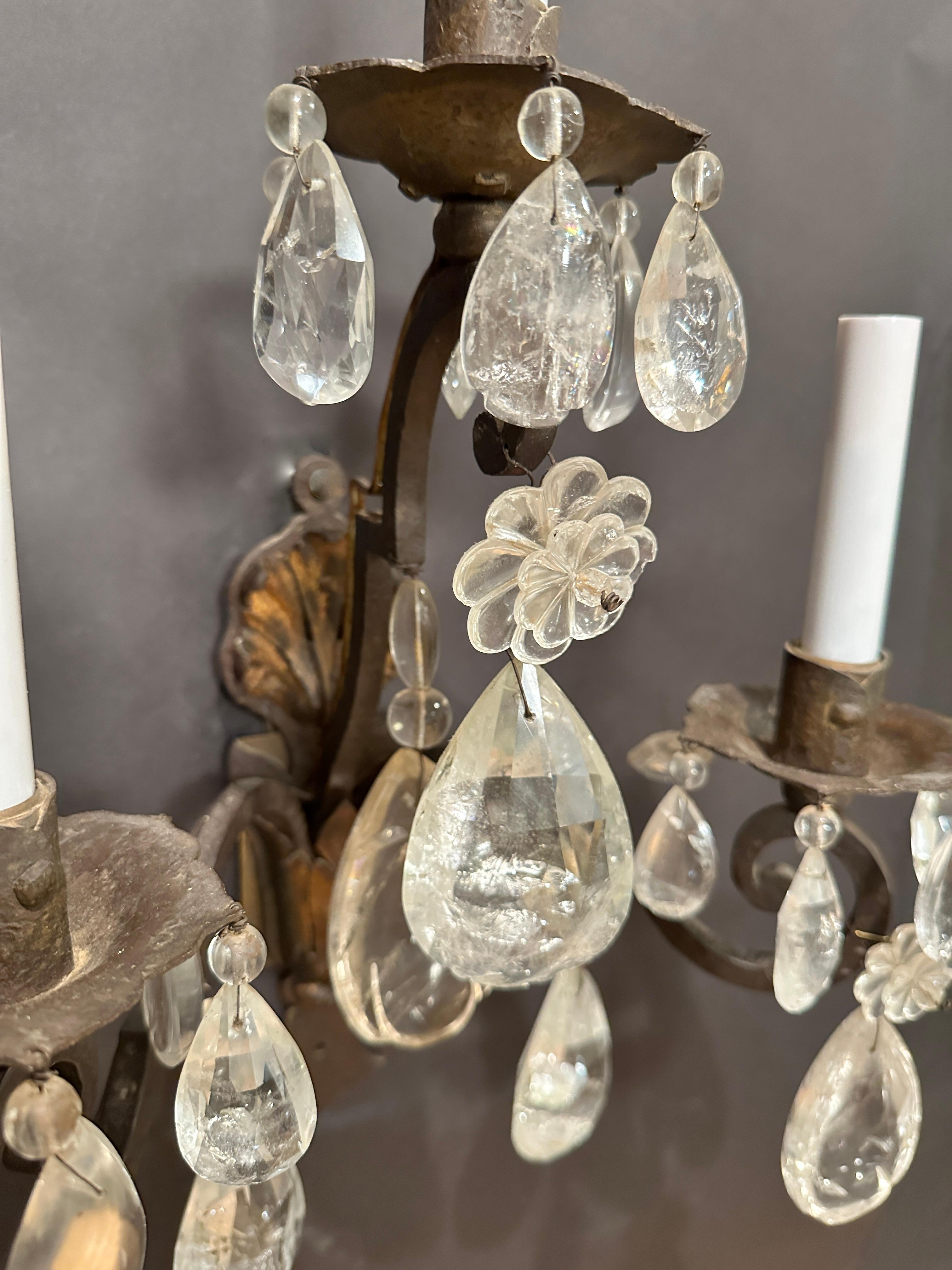Pair Of Rock Crystal, Tole And Wrought Iron Wall Sconces In Good Condition For Sale In Norwood, NJ