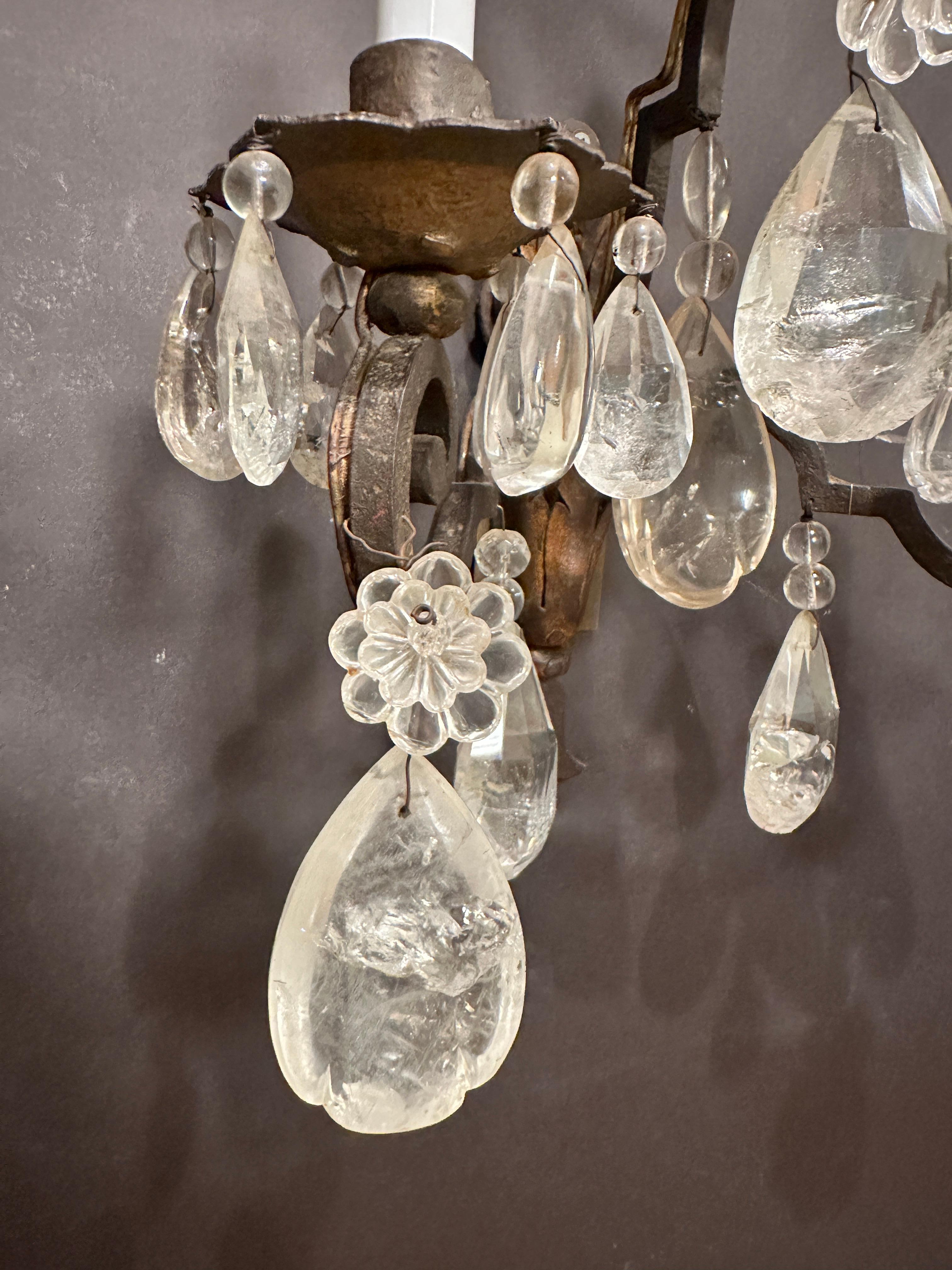19th Century Pair Of Rock Crystal, Tole And Wrought Iron Wall Sconces For Sale