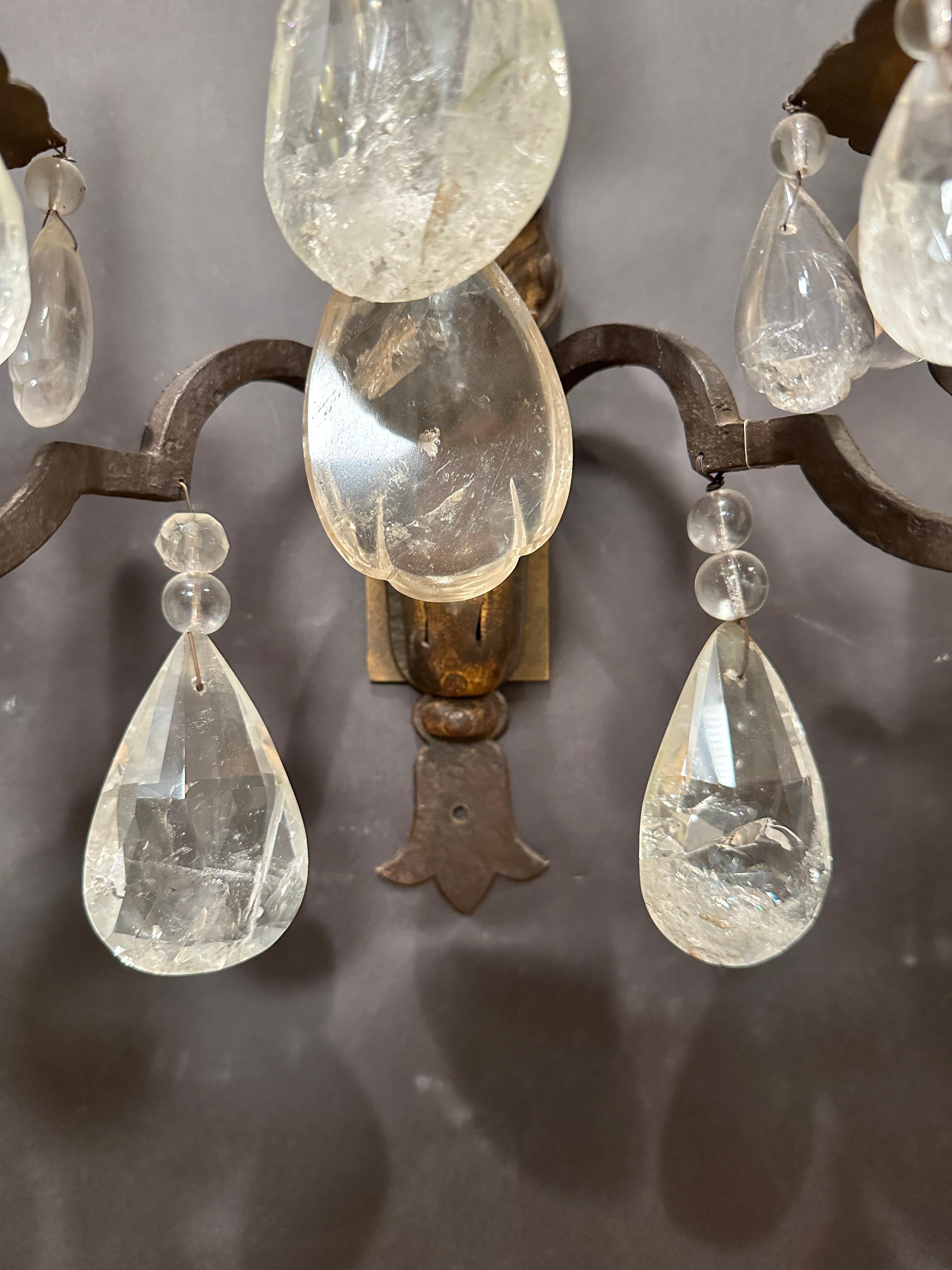 Pair Of Rock Crystal, Tole And Wrought Iron Wall Sconces For Sale 1