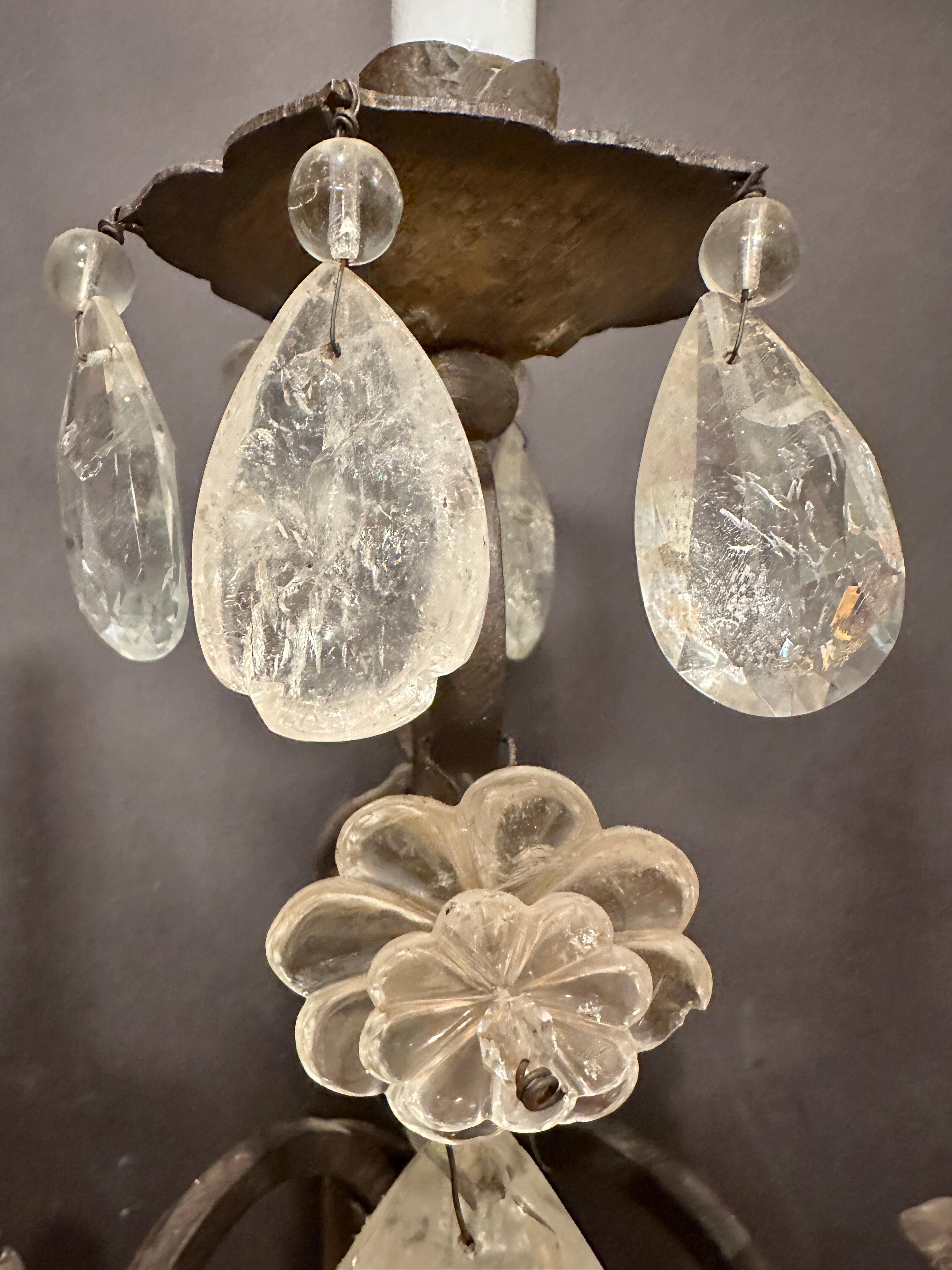 Pair Of Rock Crystal, Tole And Wrought Iron Wall Sconces For Sale 2