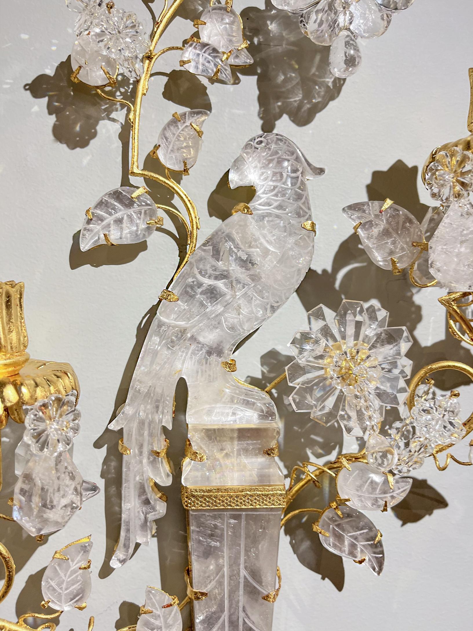 Gilt Pair of Rock Crystal Uccello Sconces 