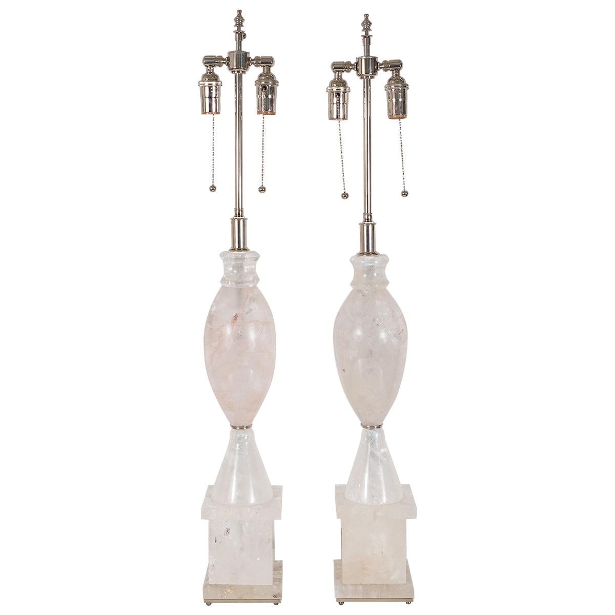 Pair of rock crystal urn shaped table lamps with nickel hardware.