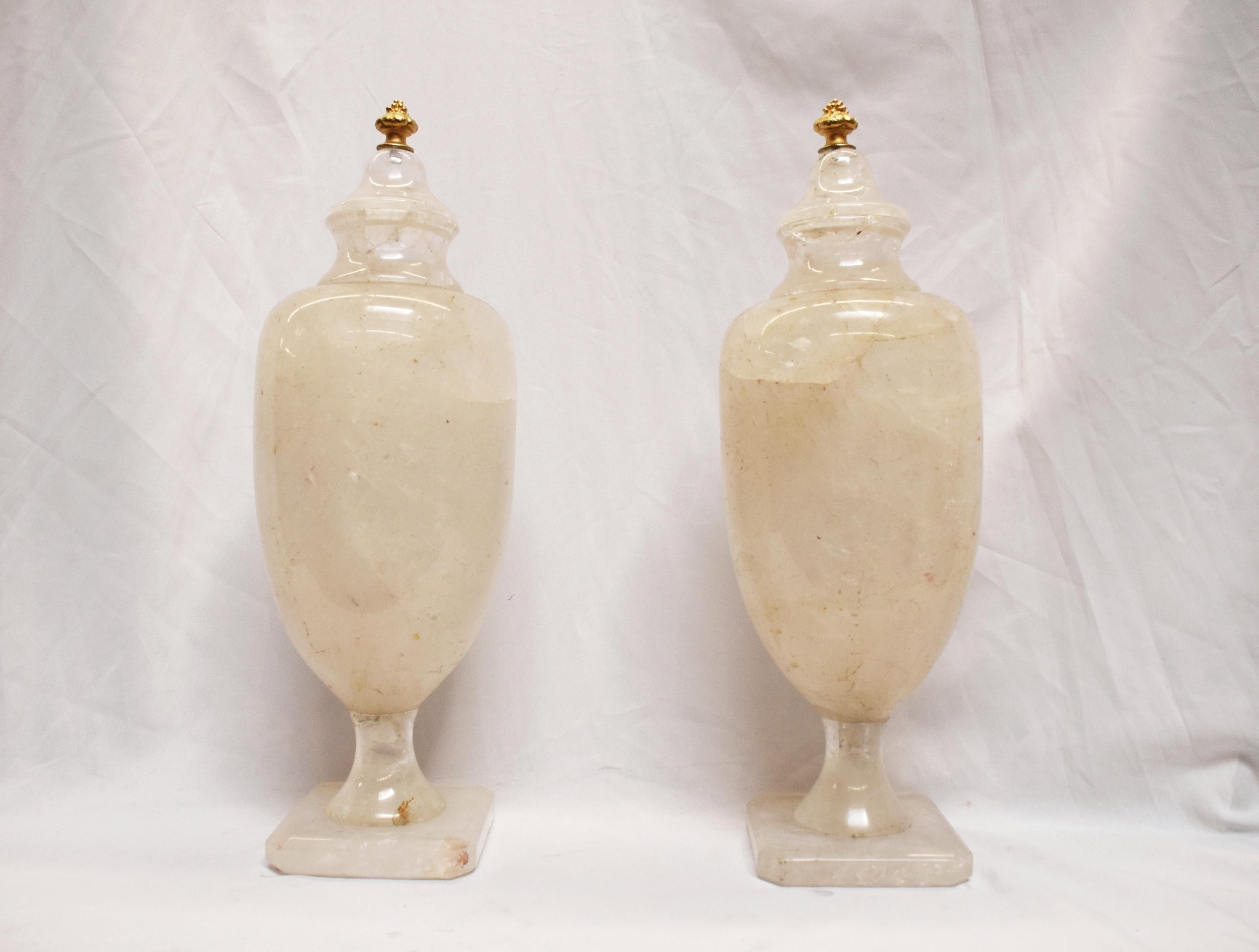 Neoclassical Pair of Rock Crystal Urns with Gold Finials