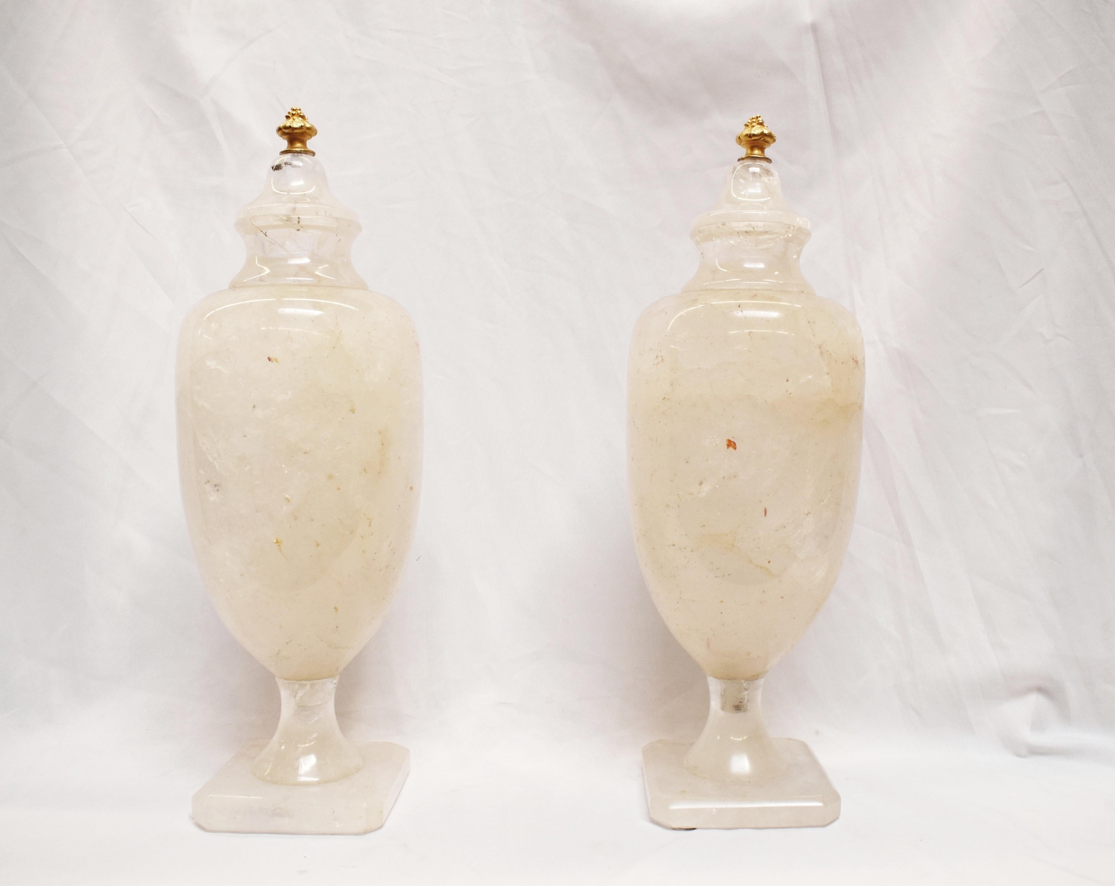 Italian Pair of Rock Crystal Urns with Gold Finials
