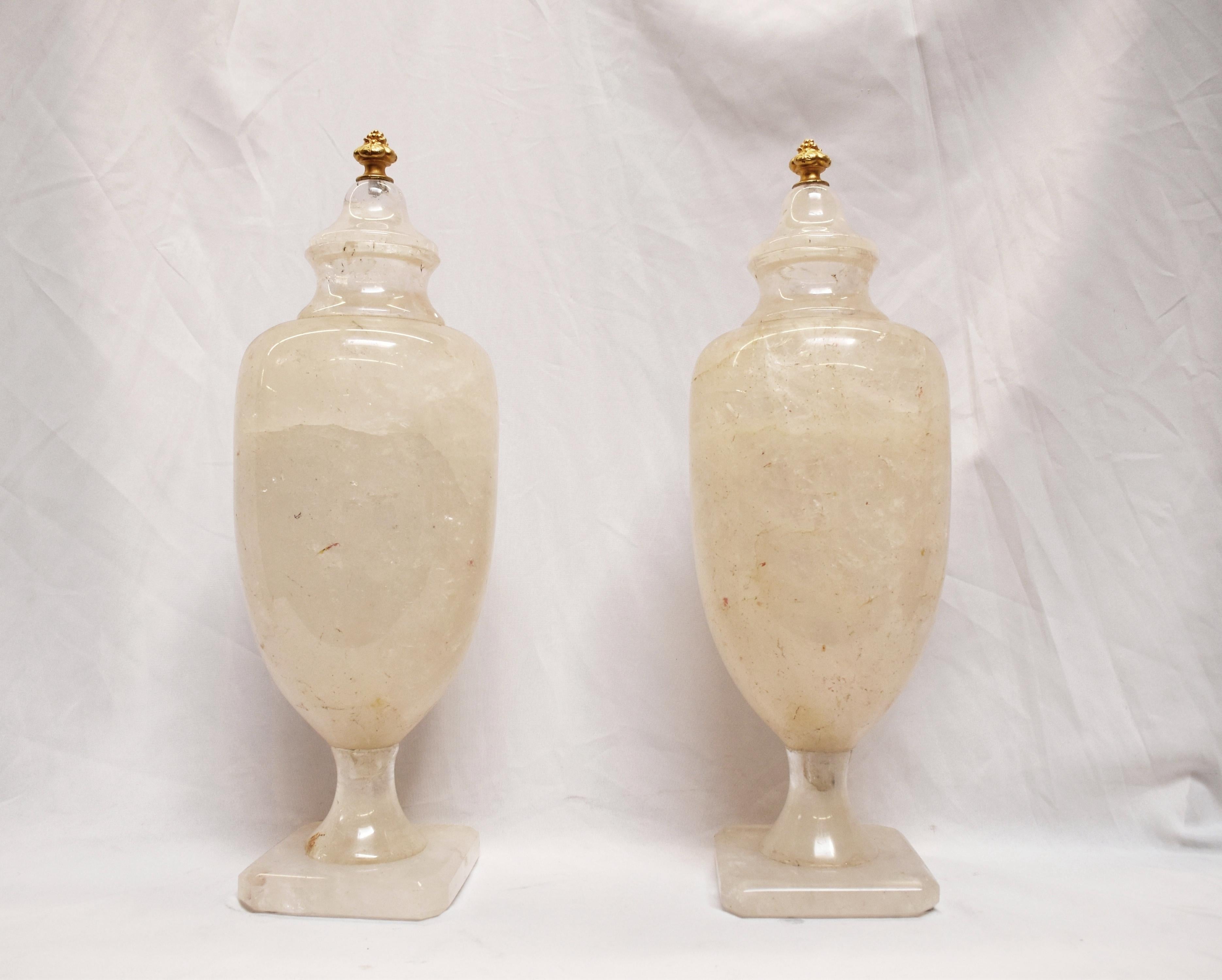 Hand-Carved Pair of Rock Crystal Urns with Gold Finials