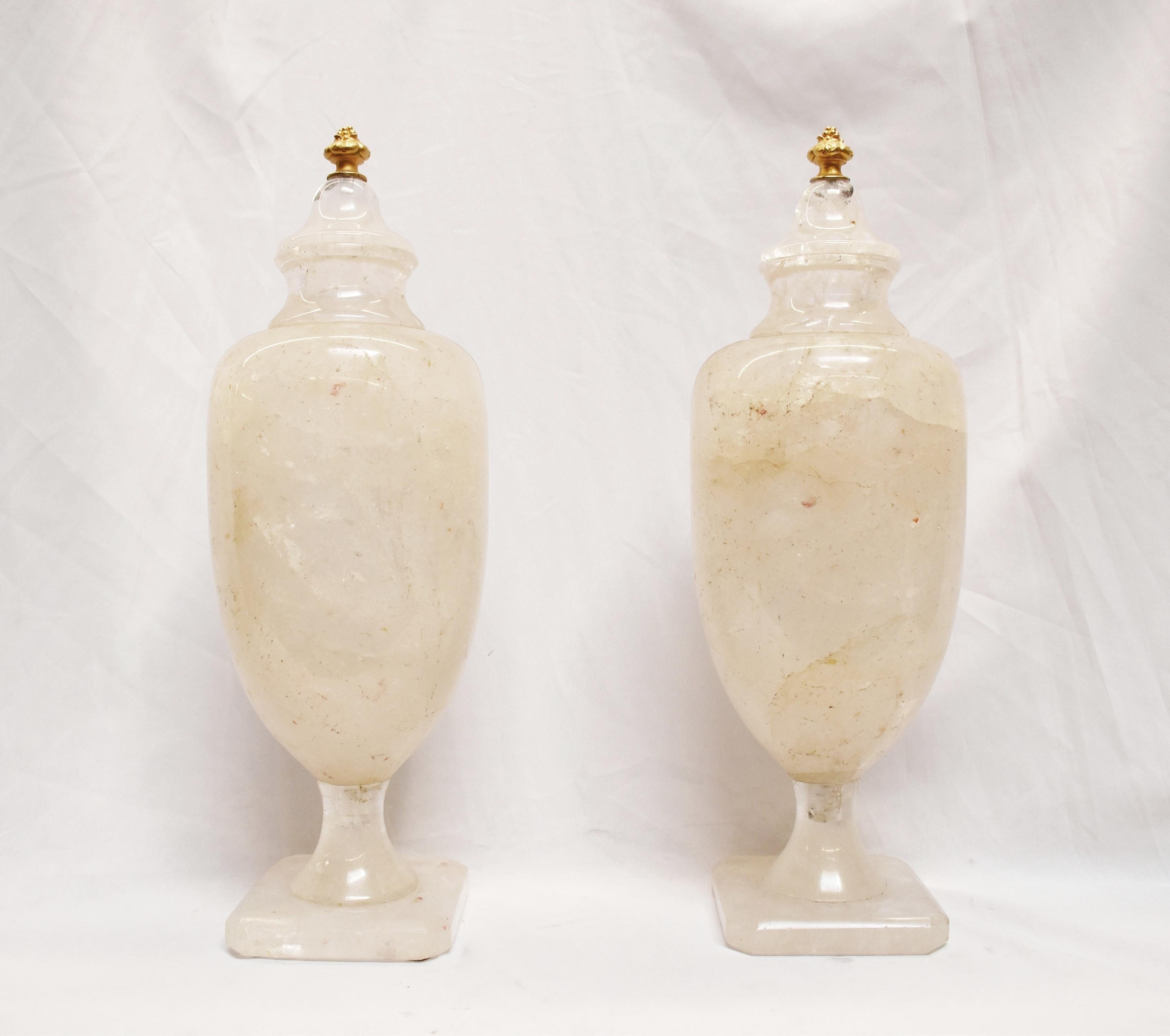 Pair of Rock Crystal Urns with Gold Finials In Good Condition In Cypress, CA