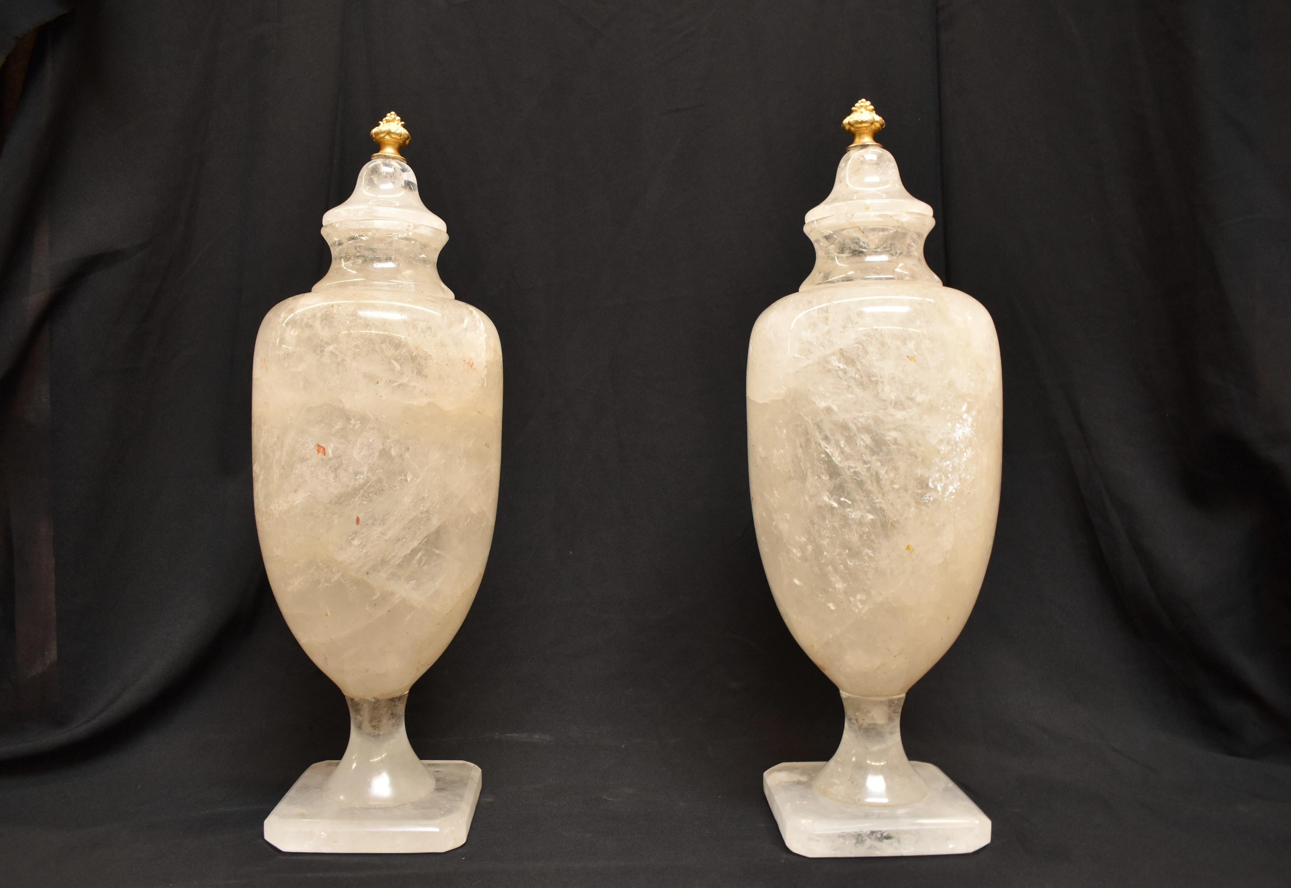 20th Century Pair of Rock Crystal Urns with Gold Finials