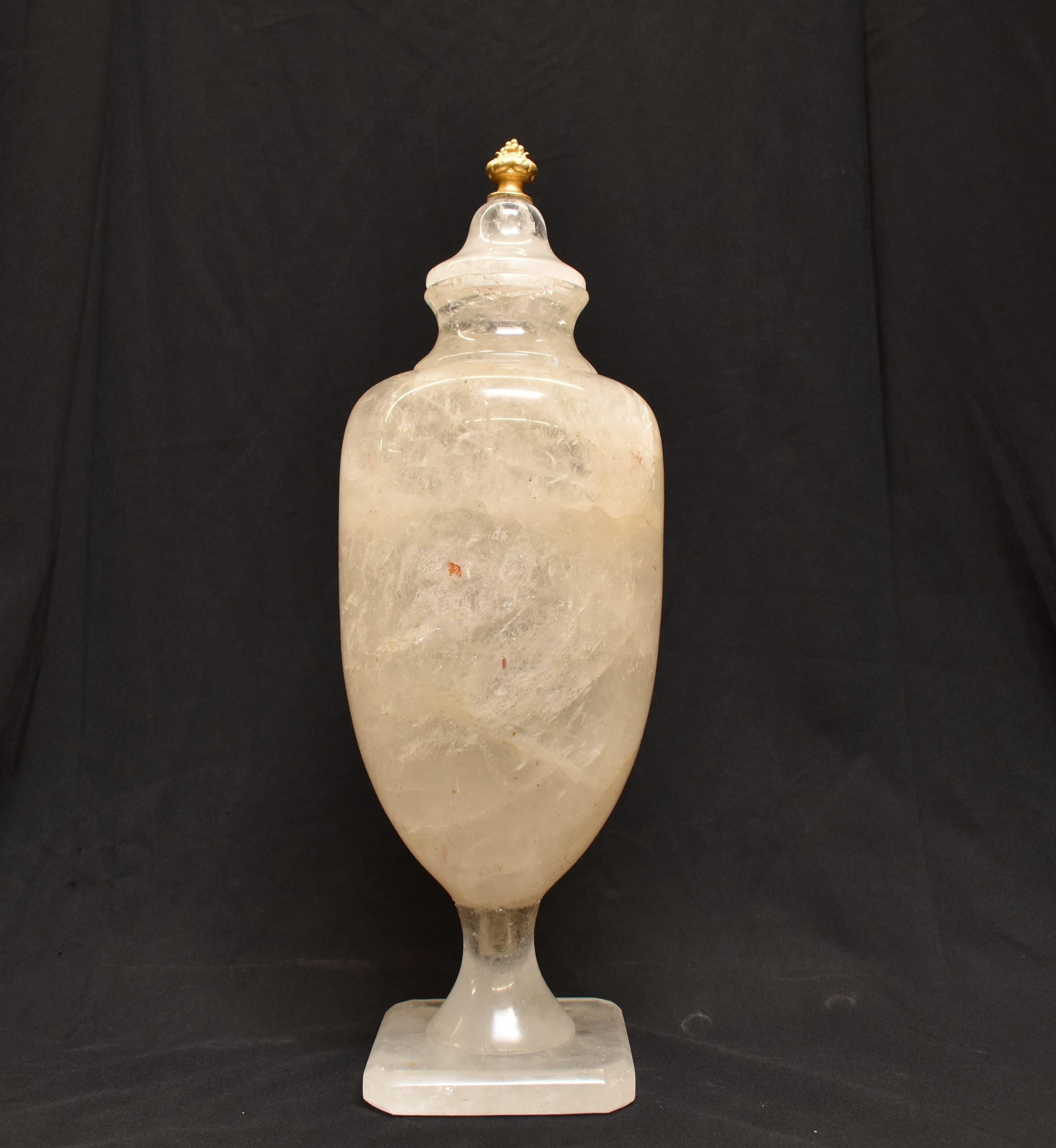 Ormolu Pair of Rock Crystal Urns with Gold Finials