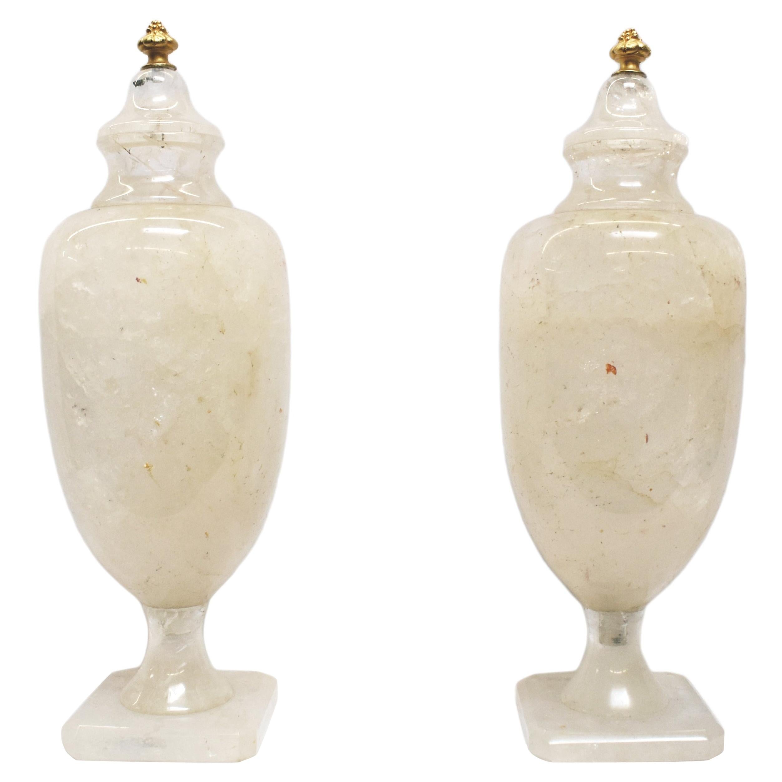 Pair of Rock Crystal Urns with Gold Finials