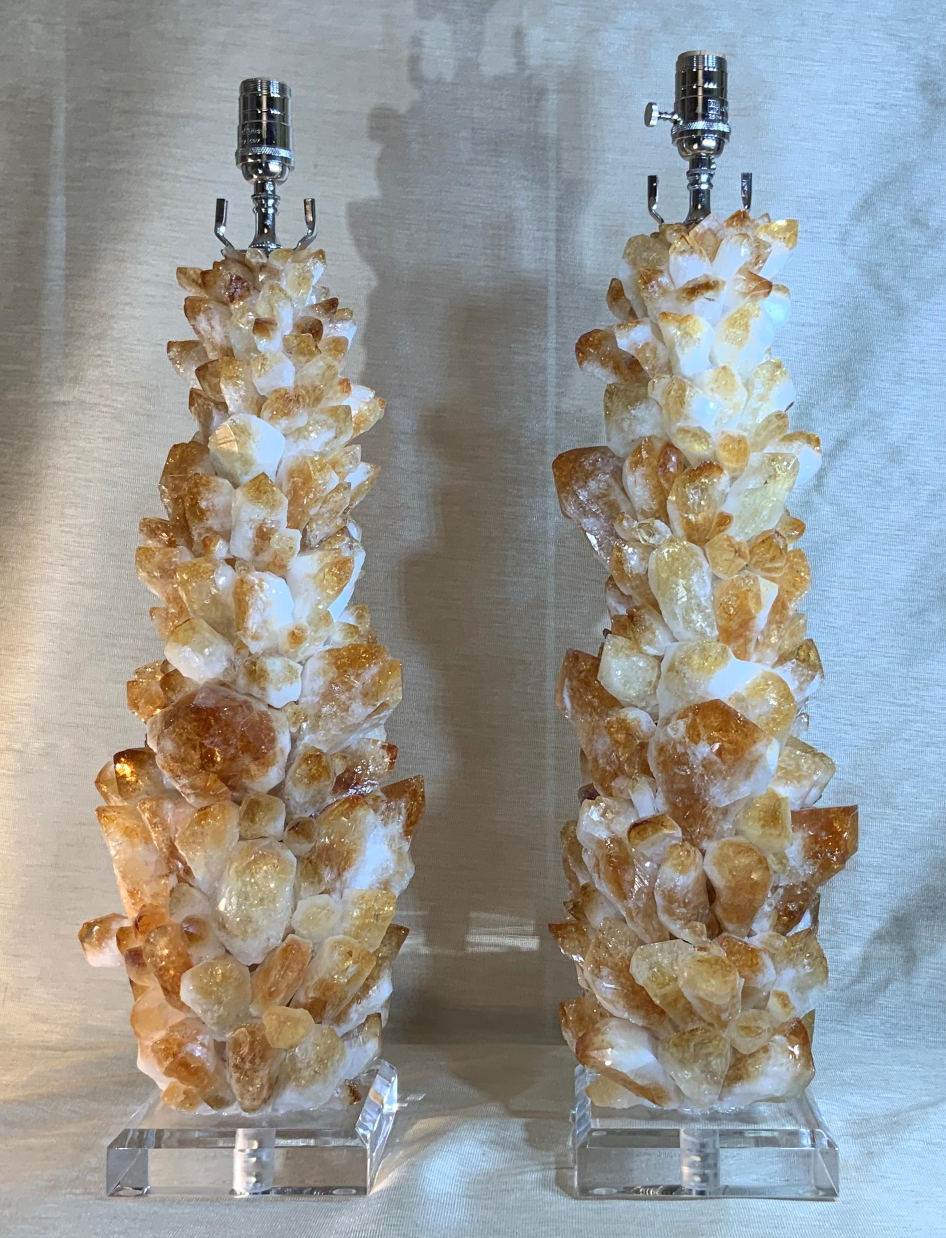 Pair of Rock Quartz Citrine Crystal Table Lamps by Joseph Malekan For Sale 1