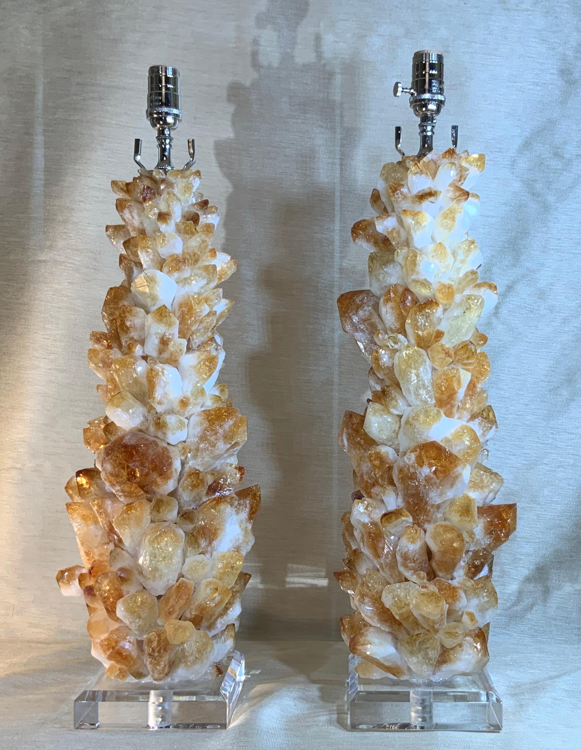 Pair of Rock Quartz Citrine Crystal Table Lamps by Joseph Malekan For Sale 3