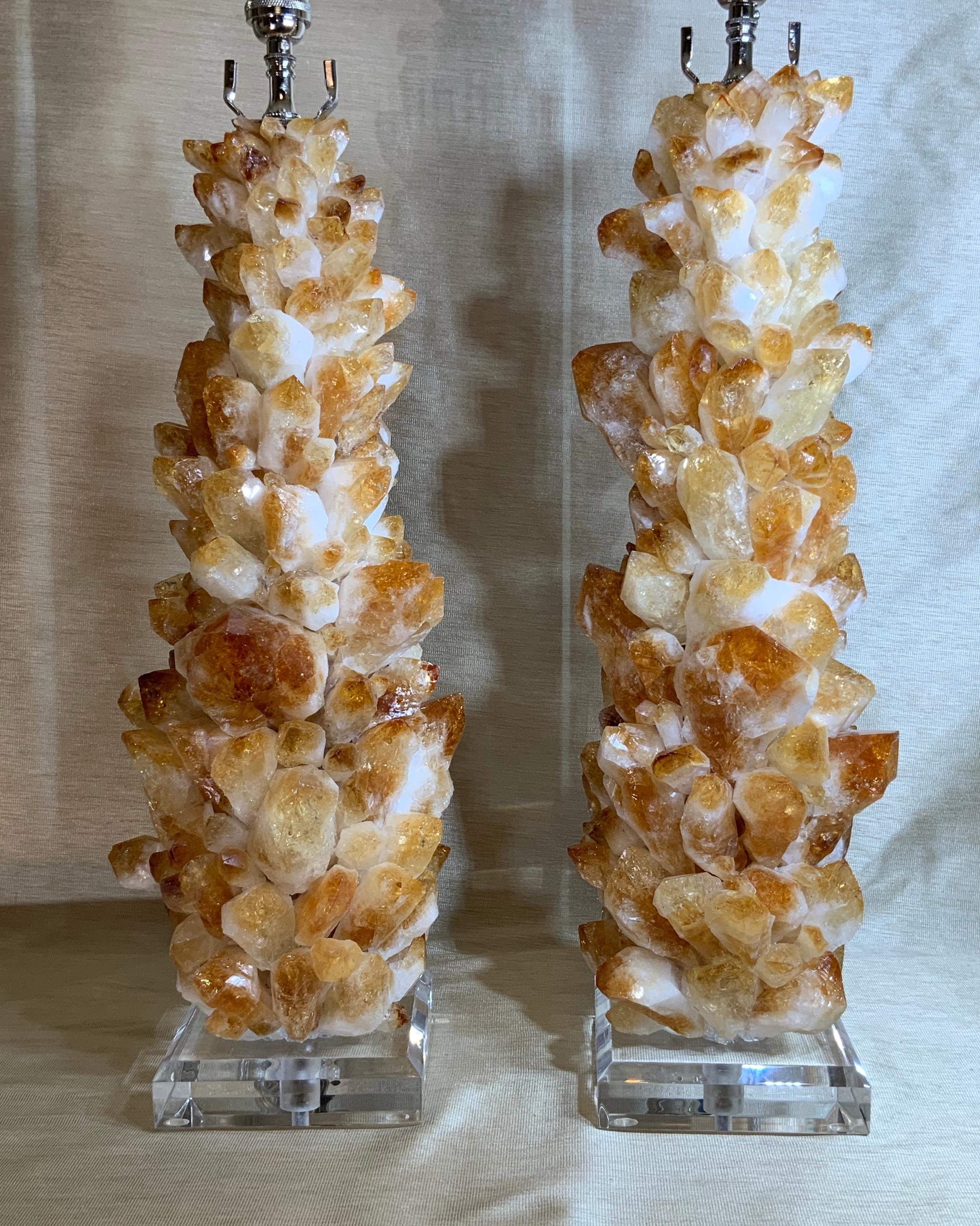 American Pair of Rock Quartz Citrine Crystal Table Lamps by Joseph Malekan For Sale