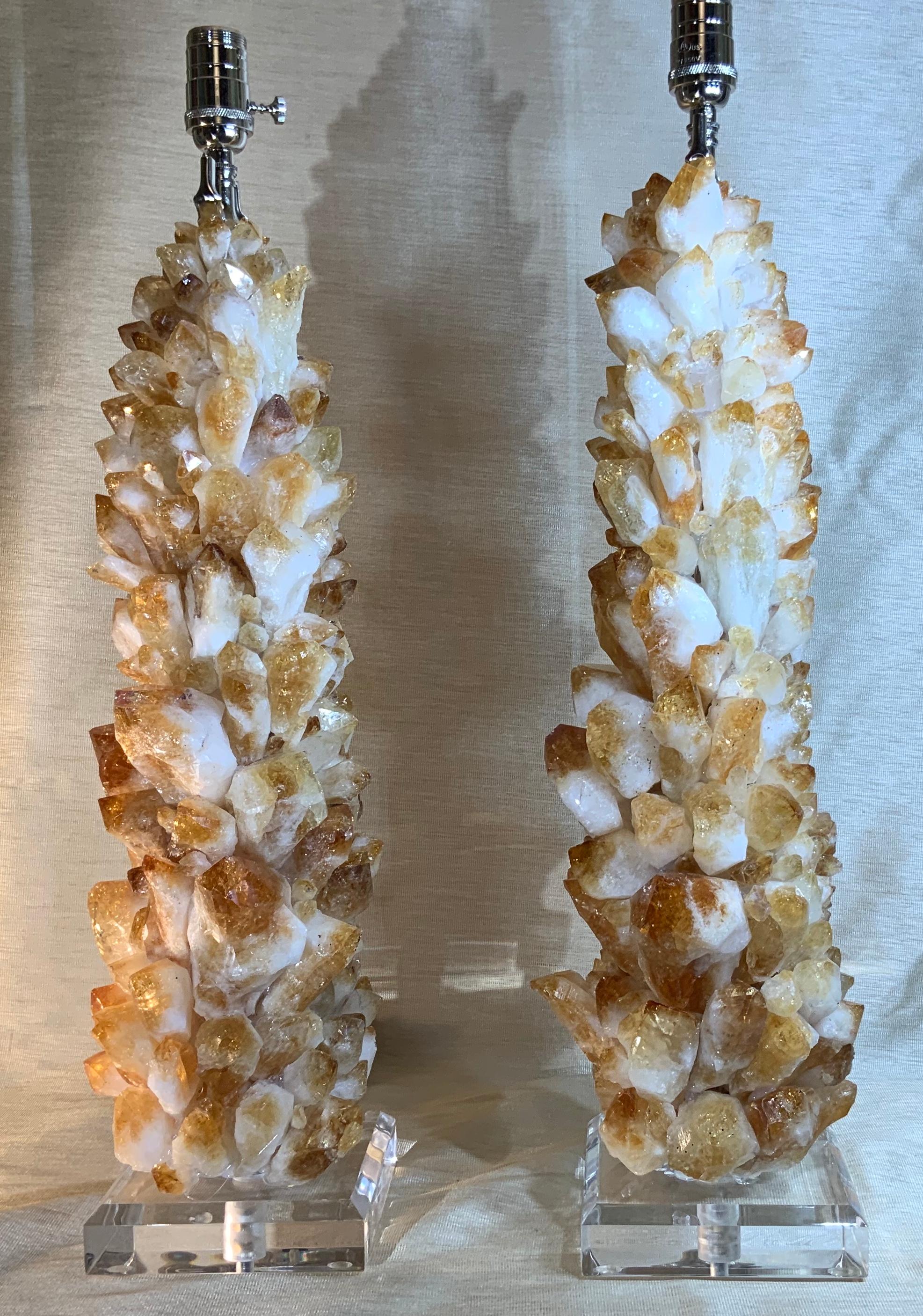 Plated Pair of Rock Quartz Citrine Crystal Table Lamps by Joseph Malekan For Sale