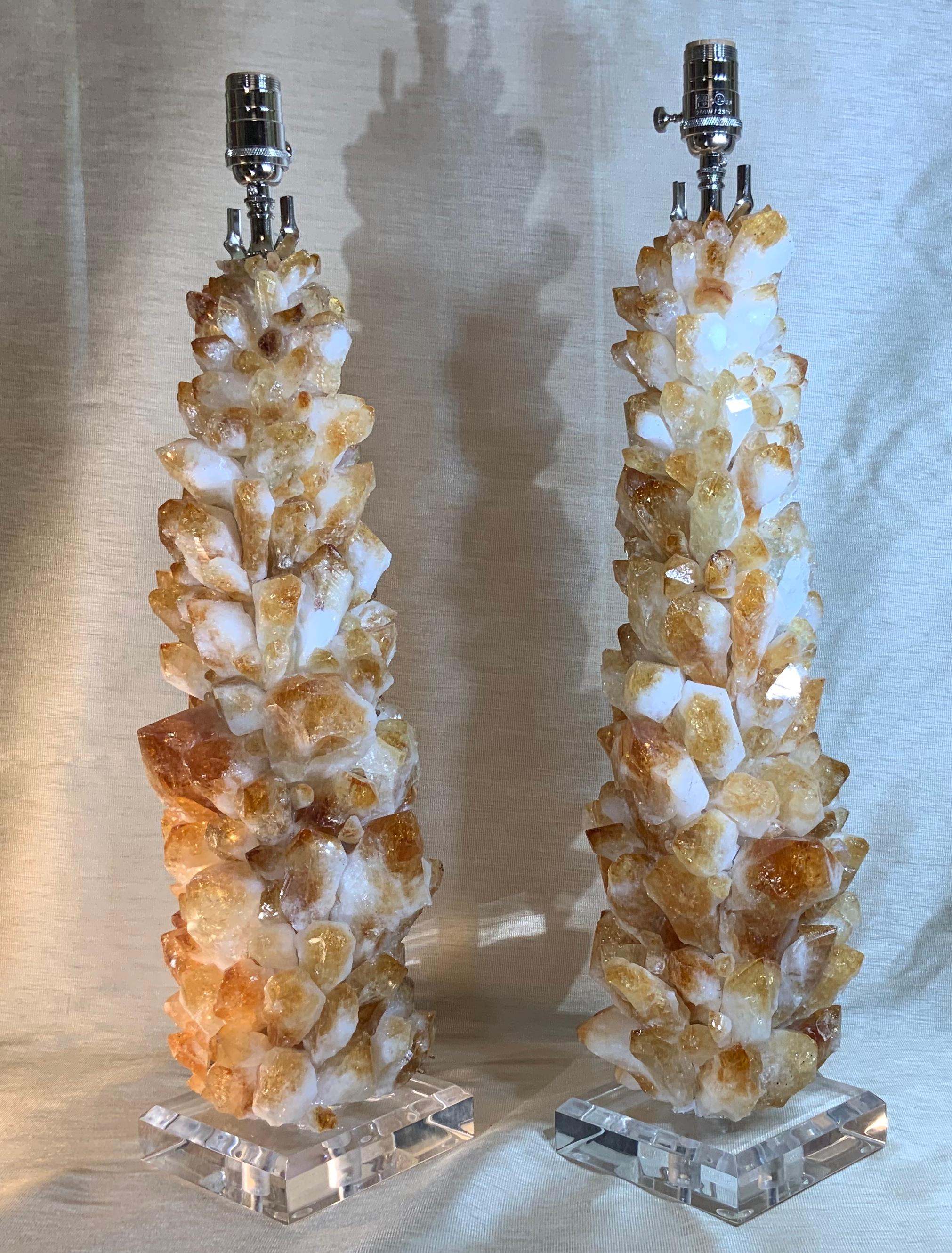 Pair of Rock Quartz Citrine Crystal Table Lamps by Joseph Malekan In Good Condition For Sale In Delray Beach, FL