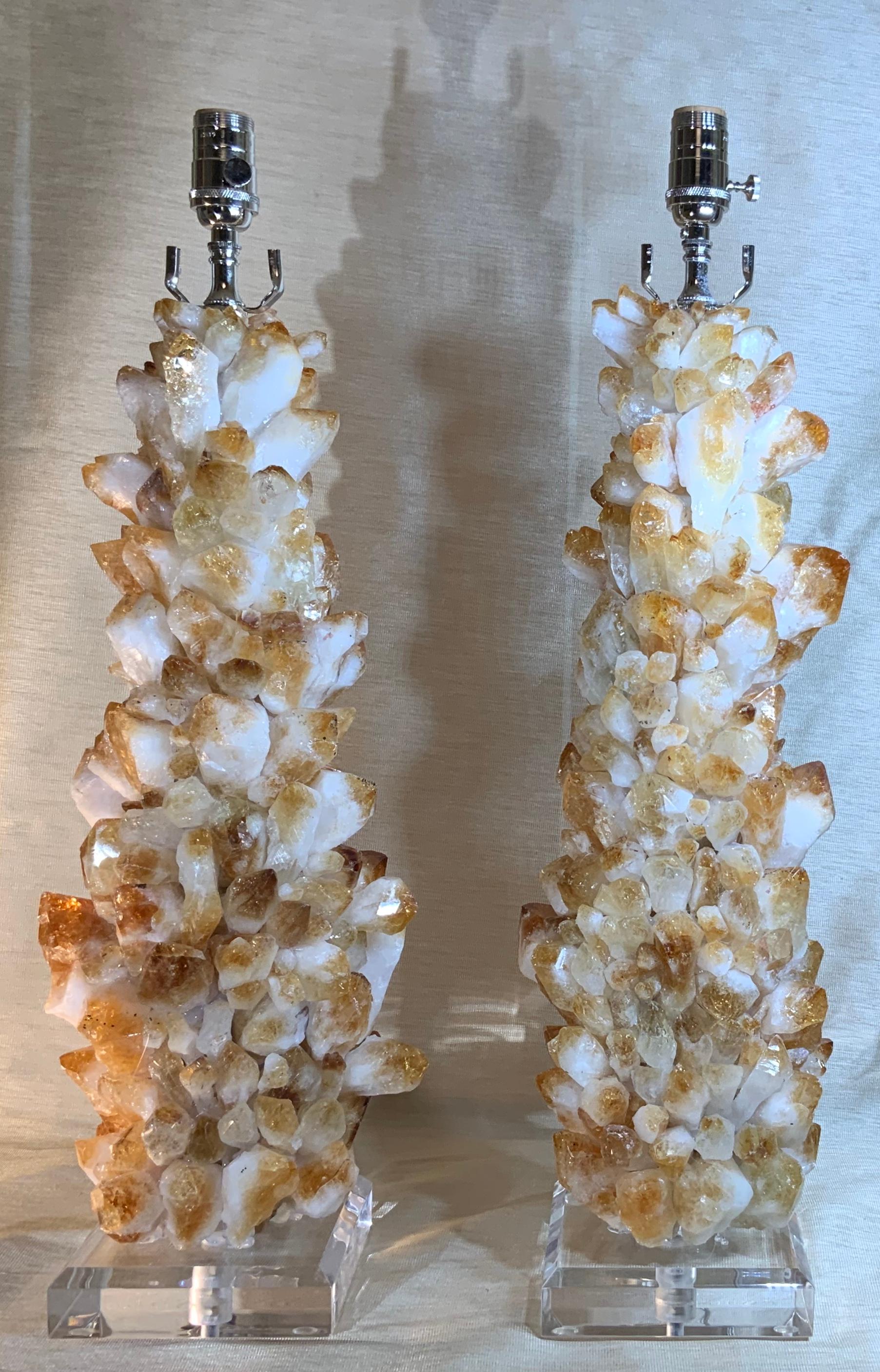 Contemporary Pair of Rock Quartz Citrine Crystal Table Lamps by Joseph Malekan For Sale