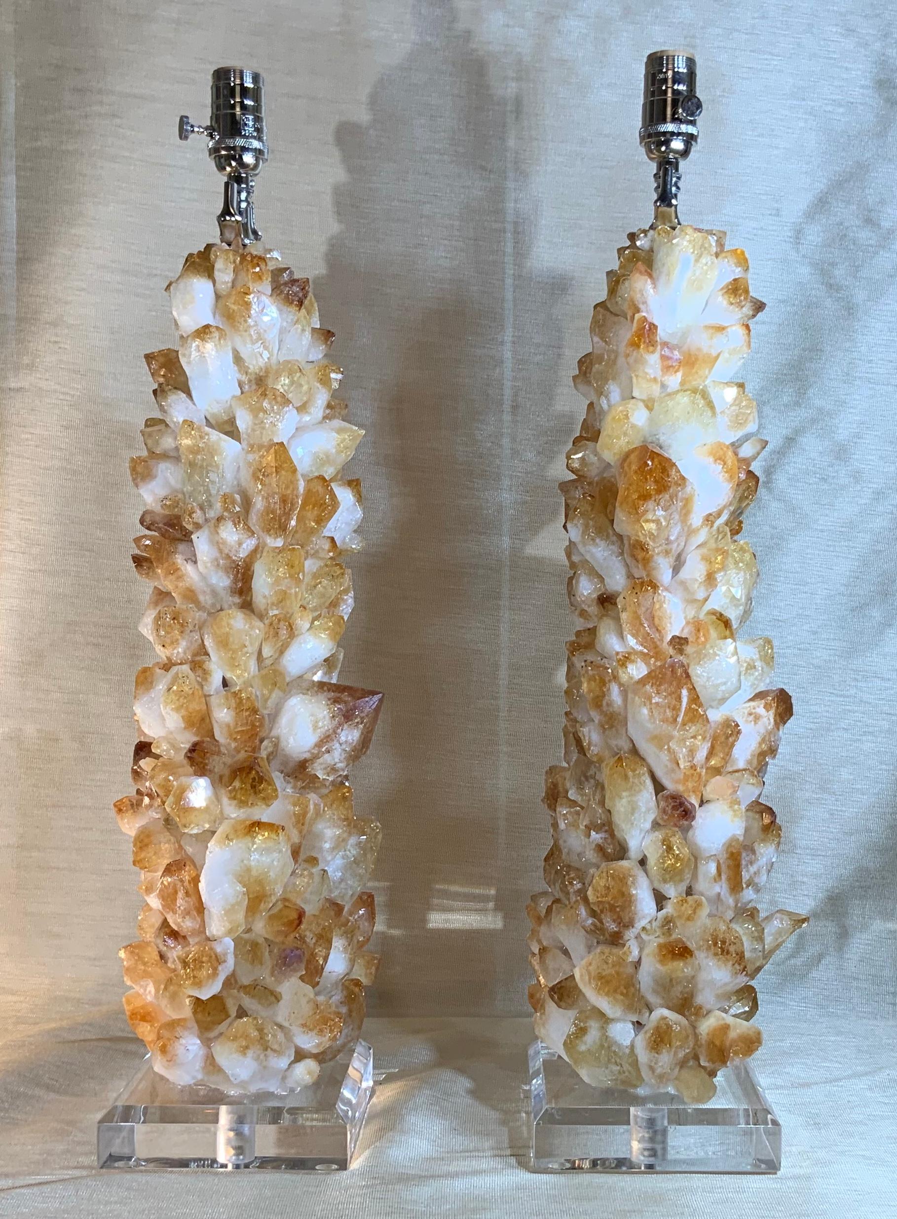 Plated Pair of Rock Quartz Citrine Crystal Table Lamps by Joseph Malekan For Sale