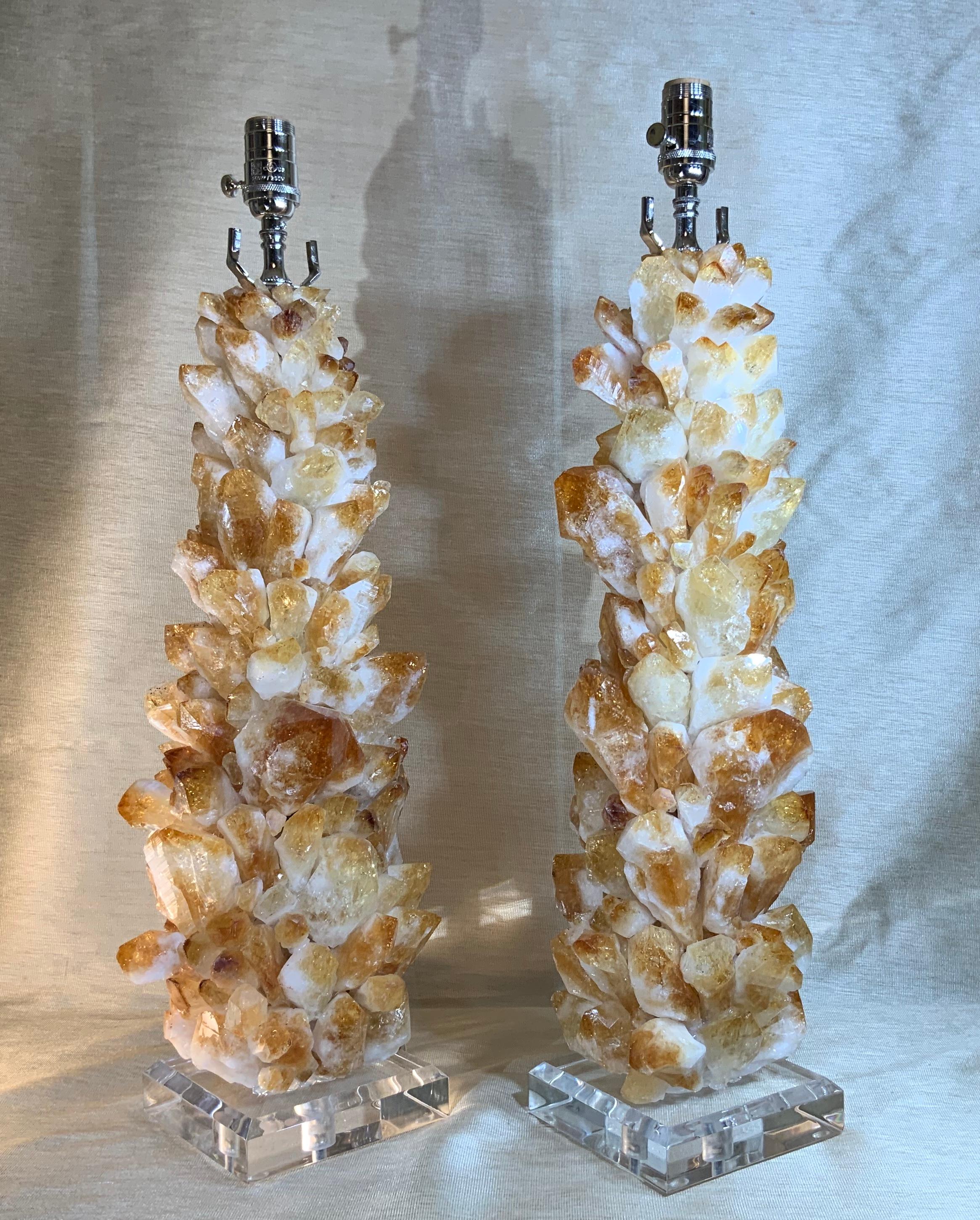 Pair of Rock Quartz Citrine Crystal Table Lamps by Joseph Malekan For Sale 2