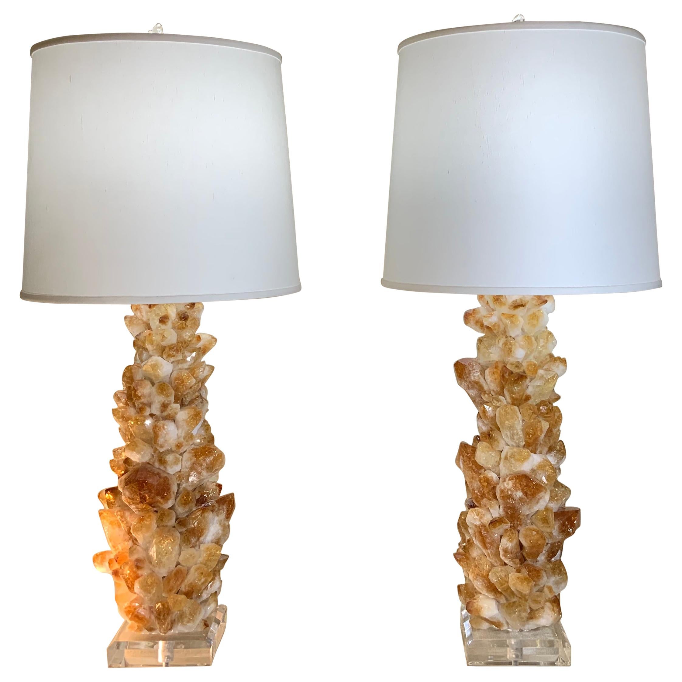 Pair of Rock Quartz Citrine Crystal Table Lamps by Joseph Malekan For Sale