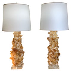 Pair of Rock Quartz Citrine Crystal Table Lamps by Joseph Malekan