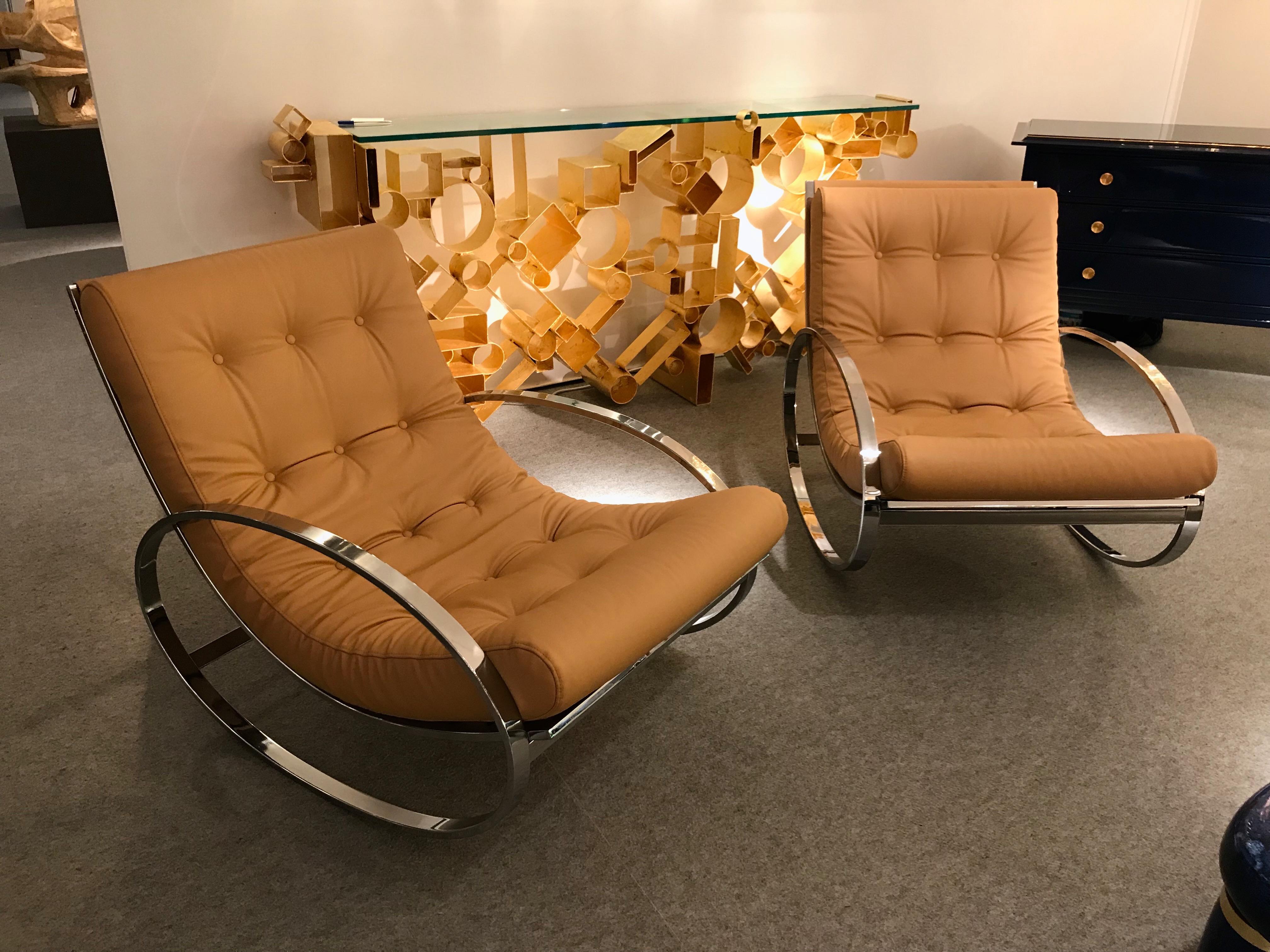 Pair of Rocking Lounge Chair Metal Leather by Renato Zevi, Italy, 1970s 2