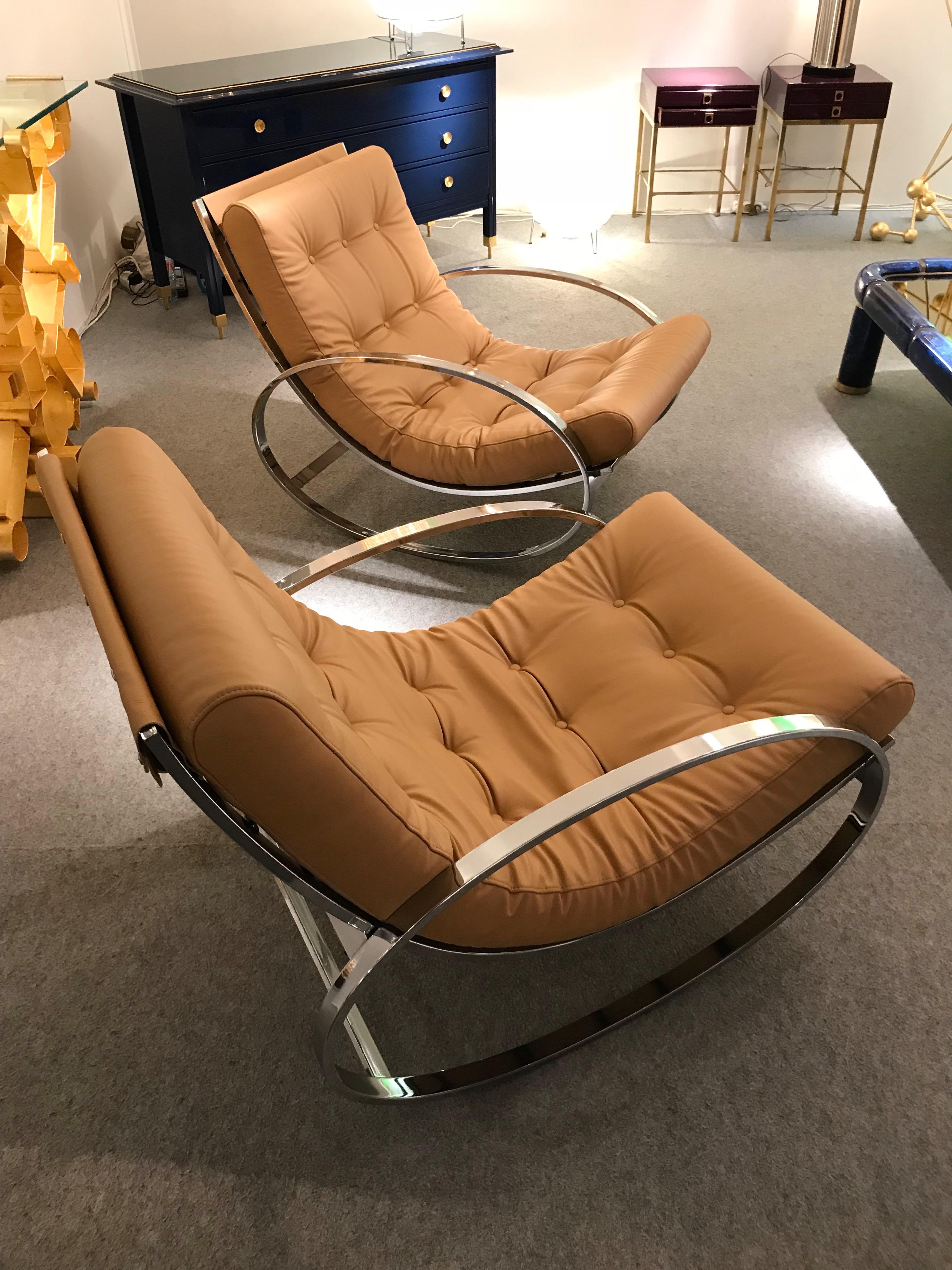 Pair of Rocking Lounge Chair Metal Leather by Renato Zevi, Italy, 1970s In Excellent Condition In SAINT-OUEN, FR