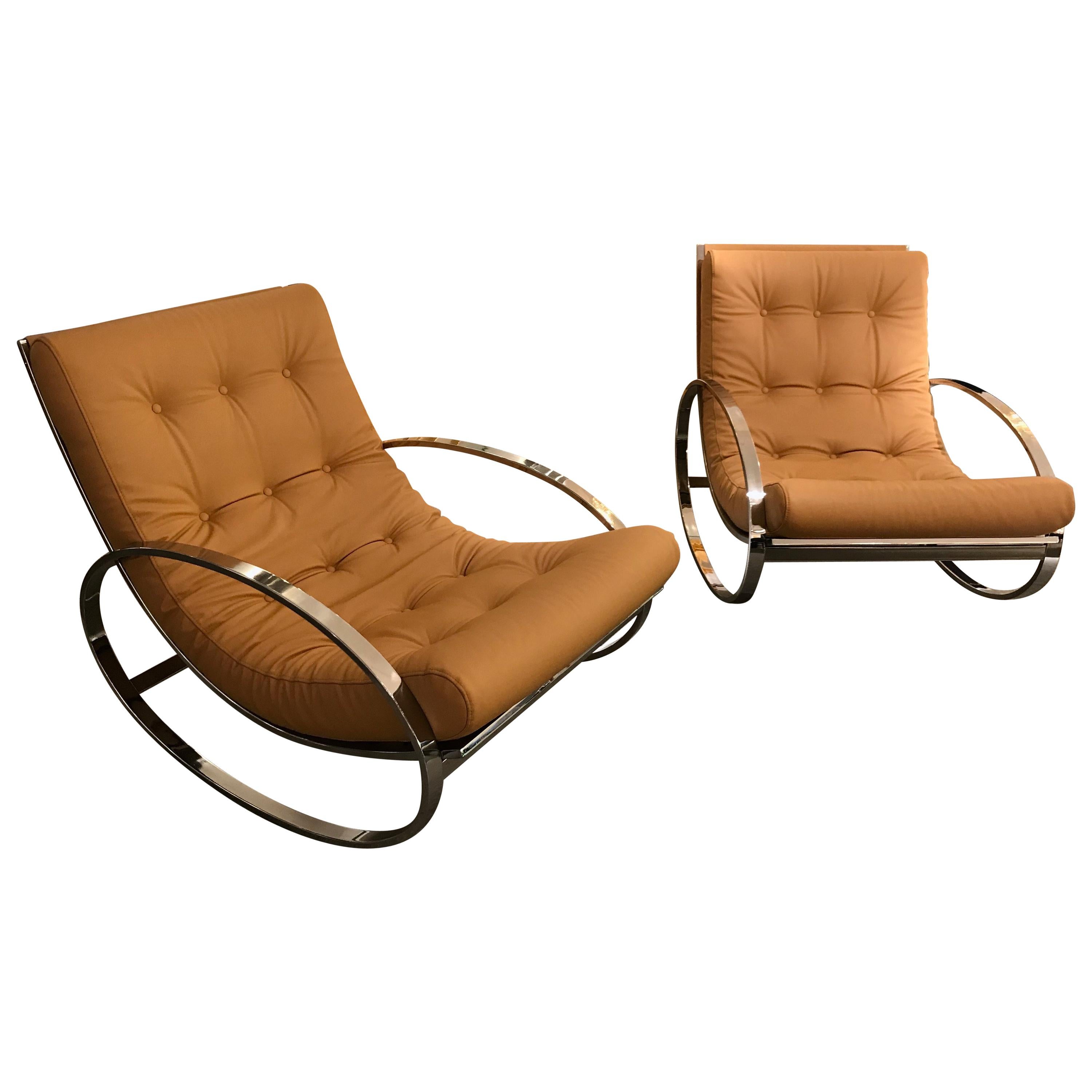 Pair of Rocking Lounge Chair Metal Leather by Renato Zevi, Italy, 1970s