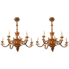 Pair of Rococo Baroque Iron Cast French Chandeliers, Gold Bronzed 6 Flames