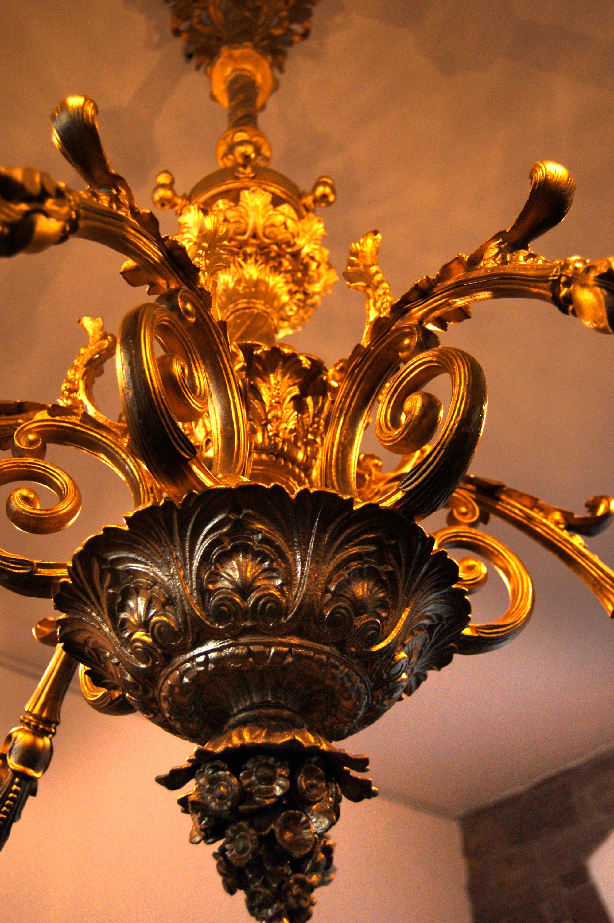 19th Century Pair of Rococo Baroque Iron Cast French Chandeliers, Gold Bronzed 6 Flames For Sale
