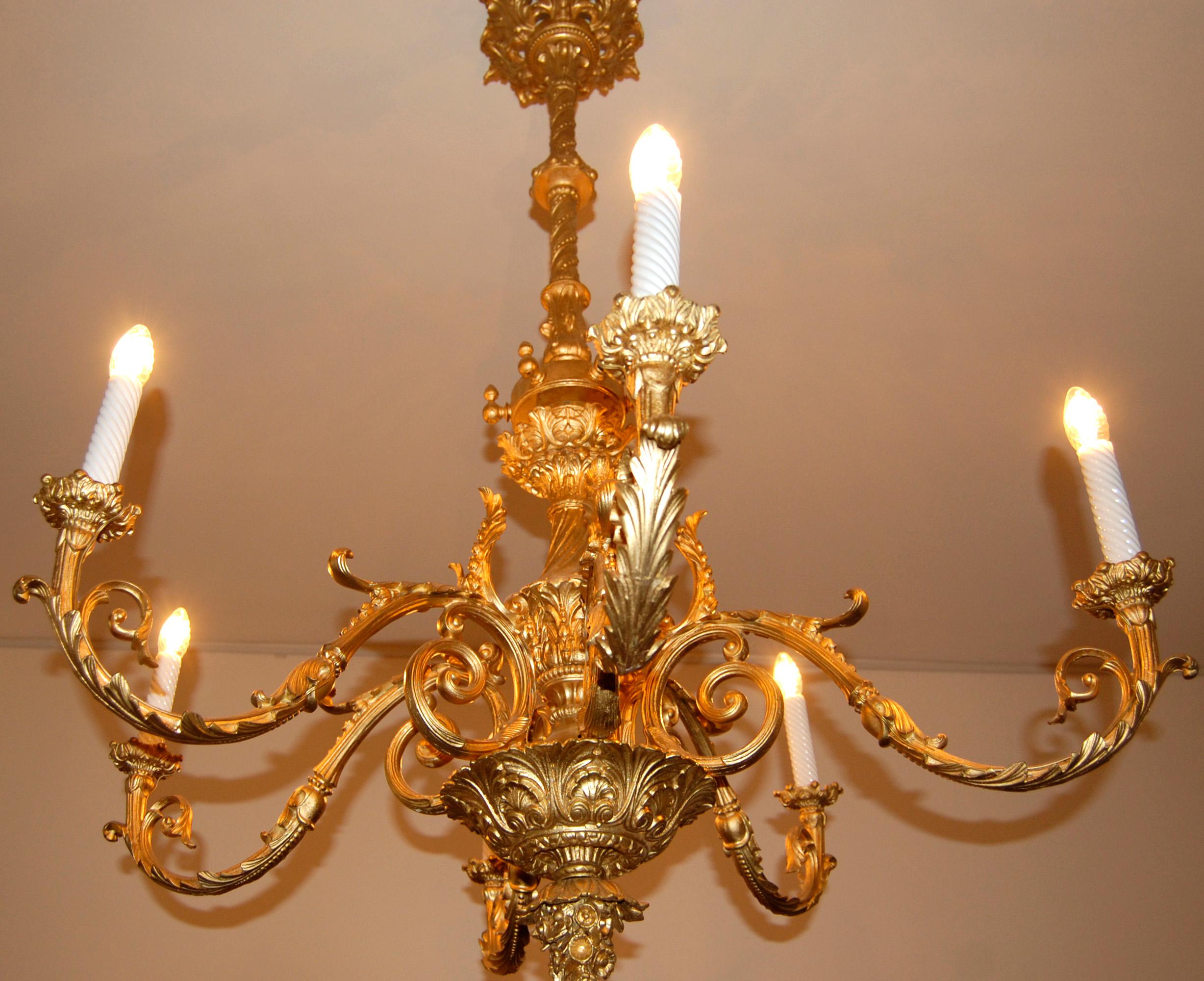 Pair of Rococo Baroque Iron Cast French Chandeliers, Gold Bronzed 6 Flames For Sale 1