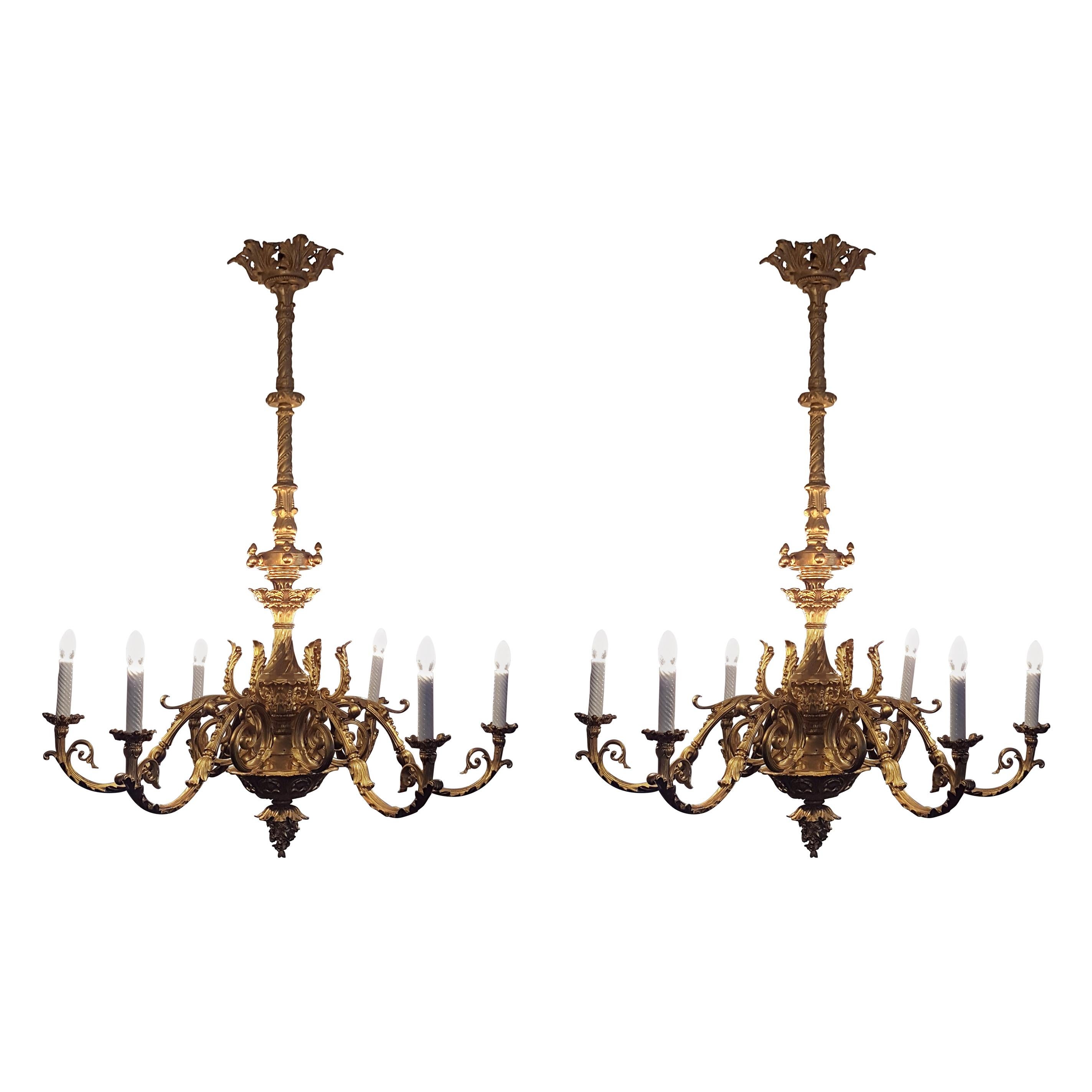 Pair of Rococo Baroque Iron Cast French Chandeliers, Gold Bronzed 6 Flames For Sale