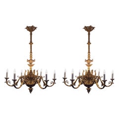 Antique Pair of Rococo Baroque Iron Cast French Chandeliers, Gold Bronzed 6 Flames