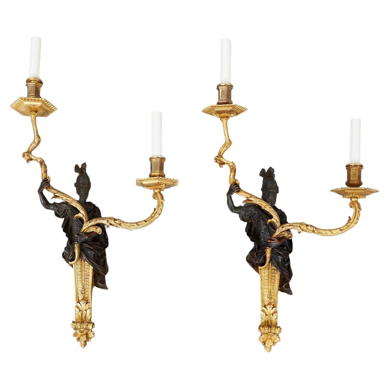 Pair of Rococo Bronze and Gilt Sconces For Sale