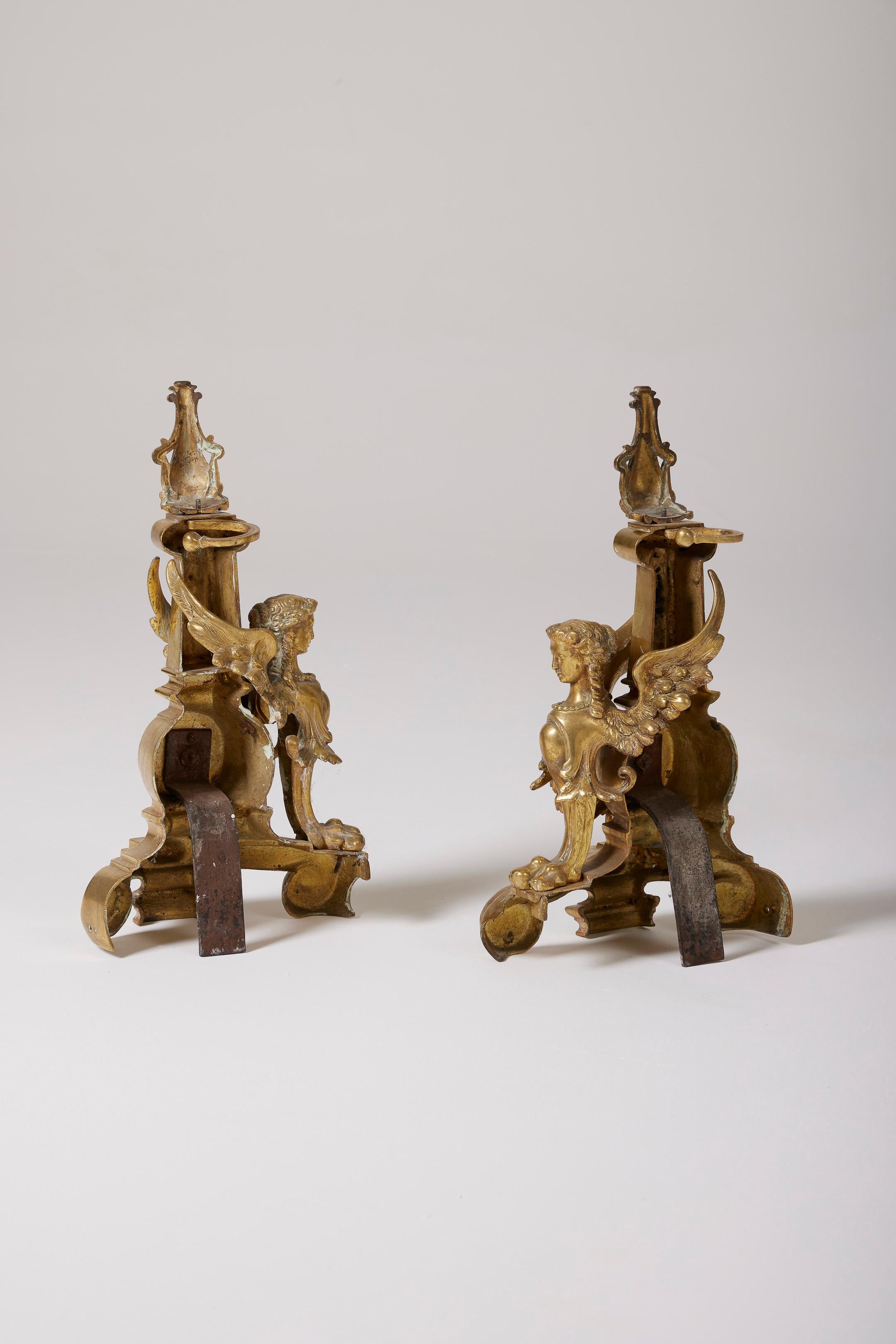 Pair of Rococo bronze andirons For Sale at 1stDibs