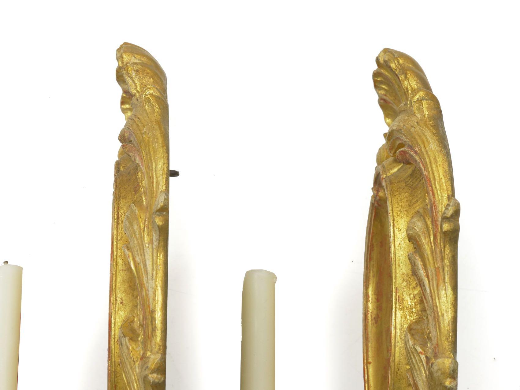 Pair of Rococo Candlestick Wall Sconces in Carved Giltwood 5