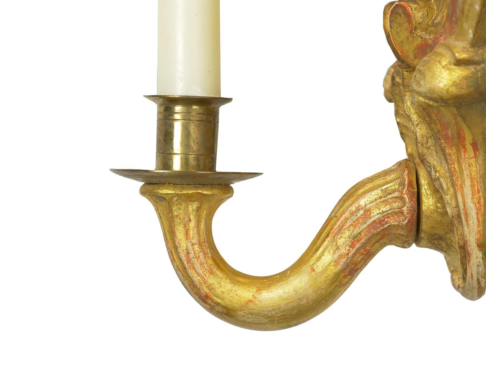 Pair of Rococo Candlestick Wall Sconces in Carved Giltwood 7