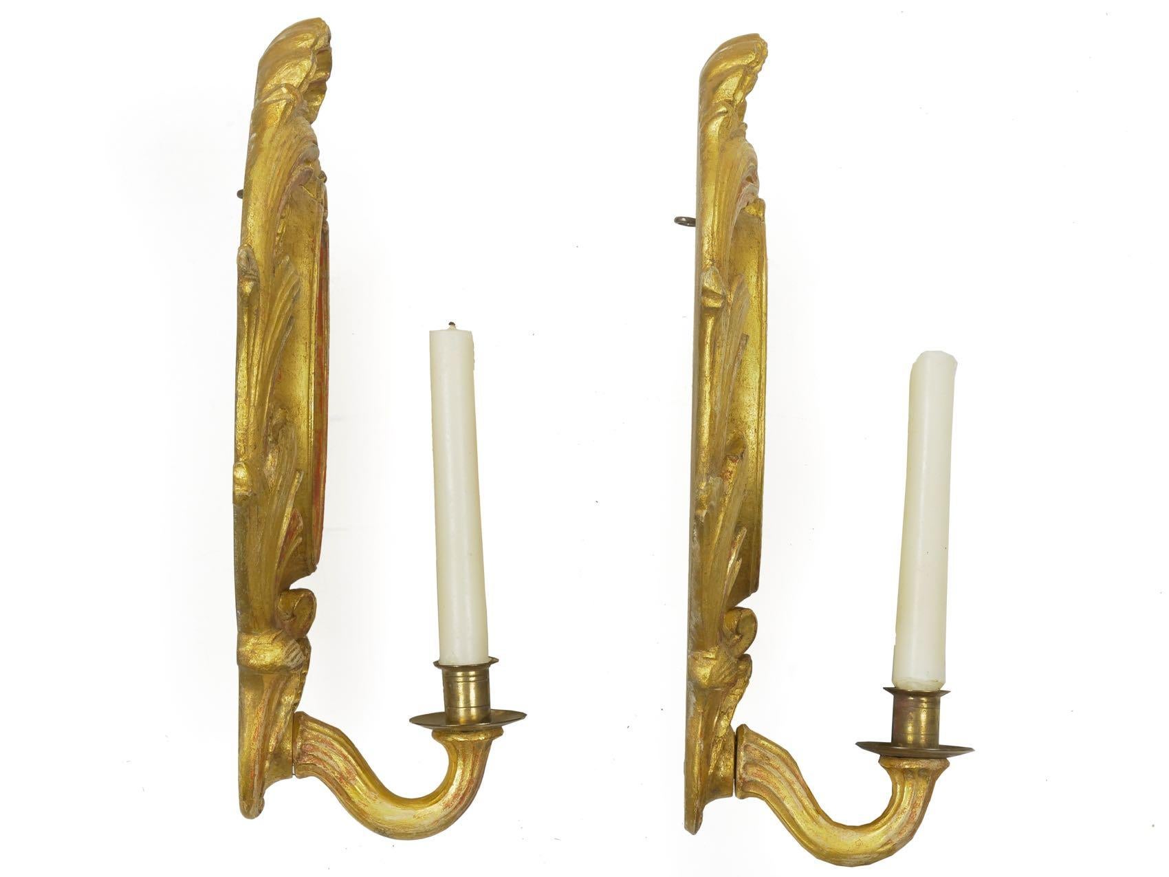 Pair of Rococo Candlestick Wall Sconces in Carved Giltwood 12