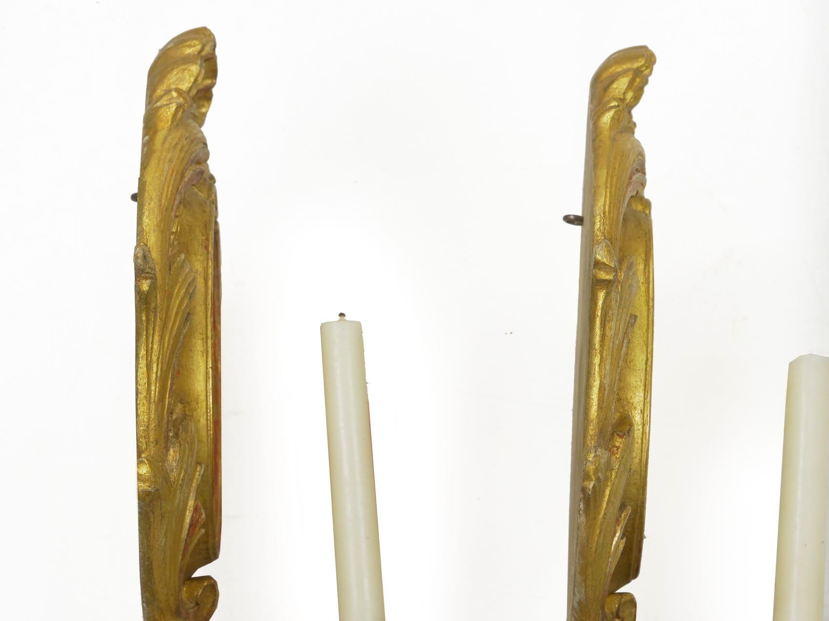 Pair of Rococo Candlestick Wall Sconces in Carved Giltwood 13