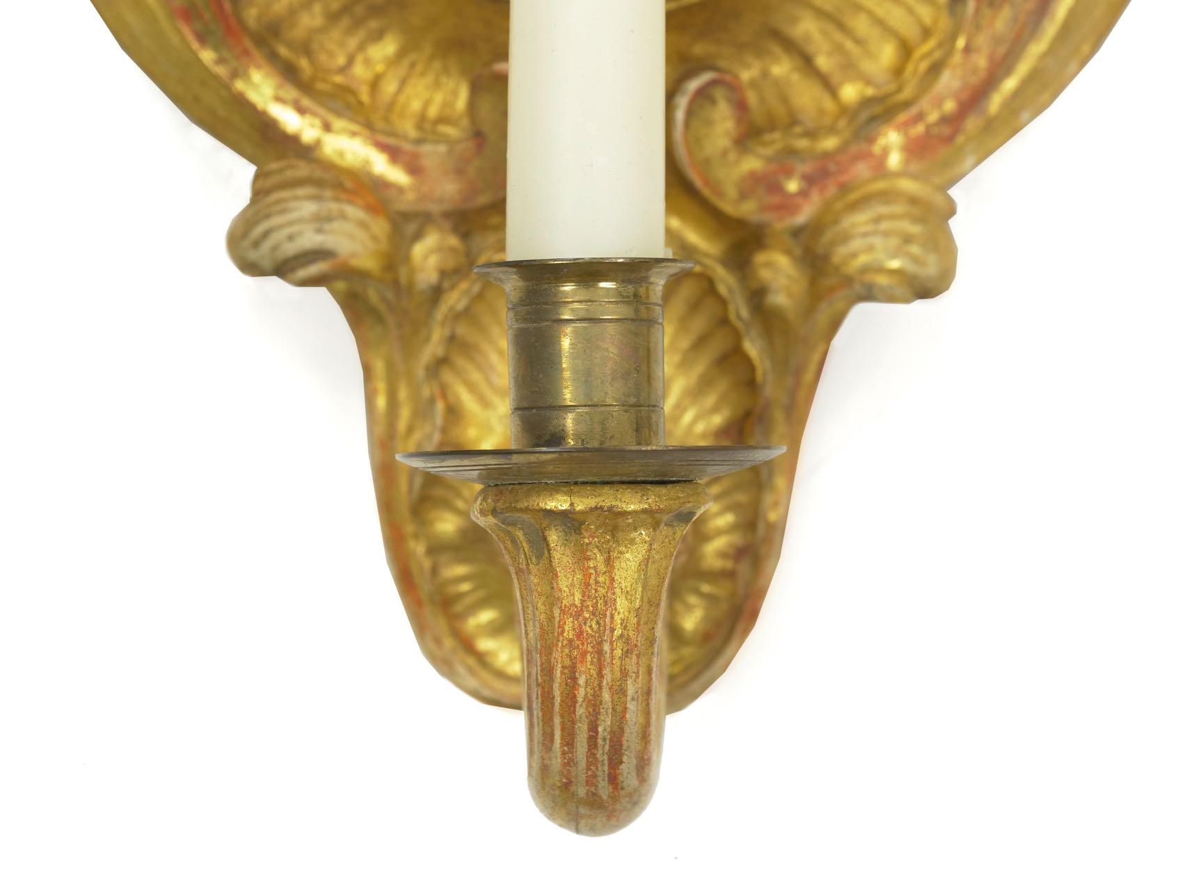 Pair of Rococo Candlestick Wall Sconces in Carved Giltwood 3