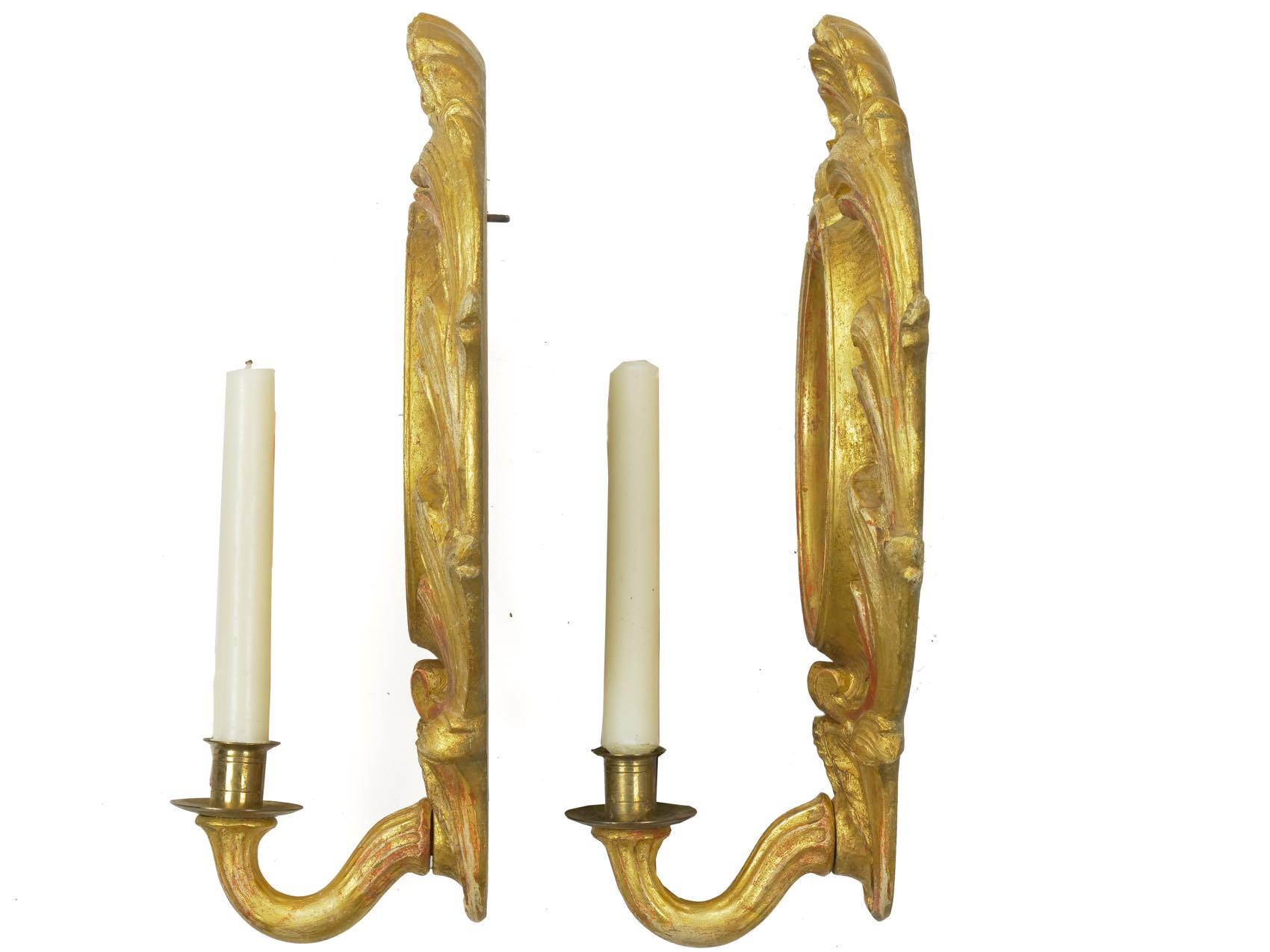 Pair of Rococo Candlestick Wall Sconces in Carved Giltwood 4