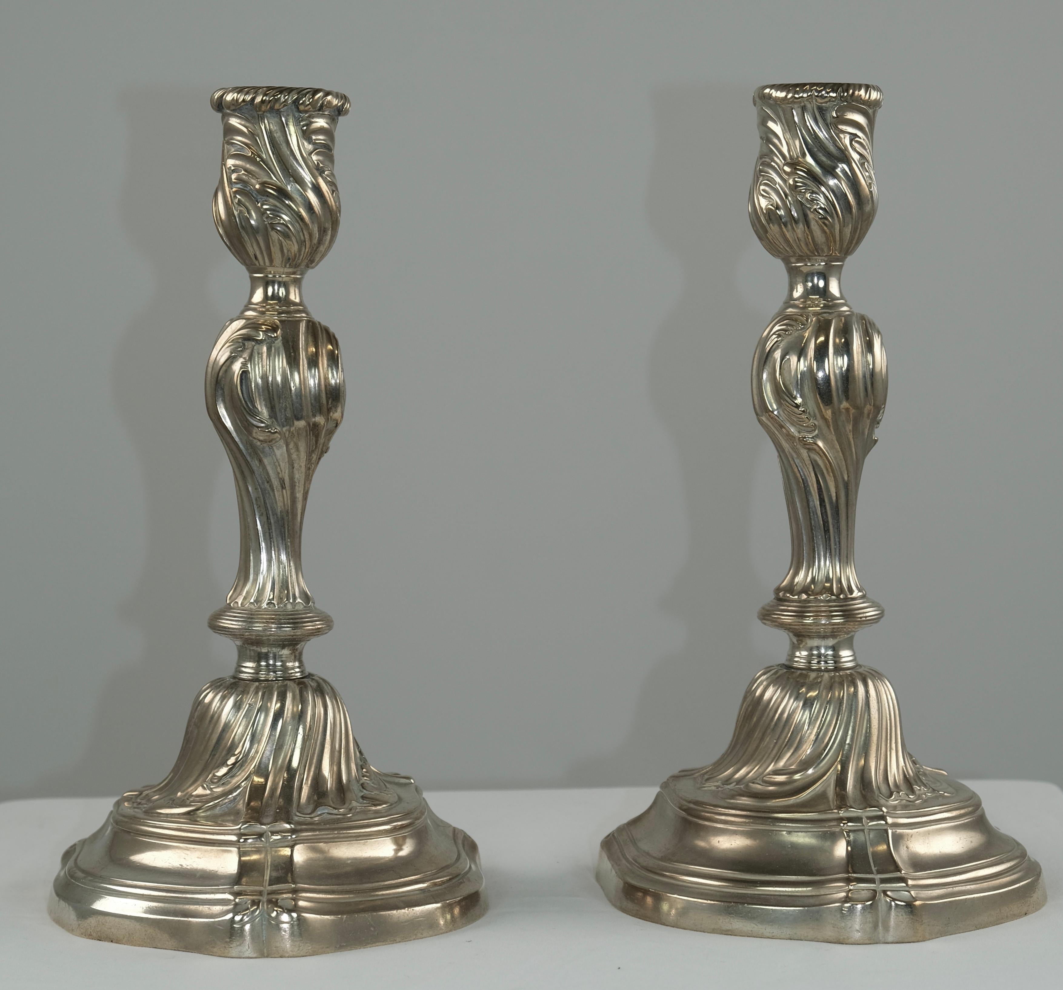 European Pair of silvered bronce Rococo Candlesticks, 18th Century
