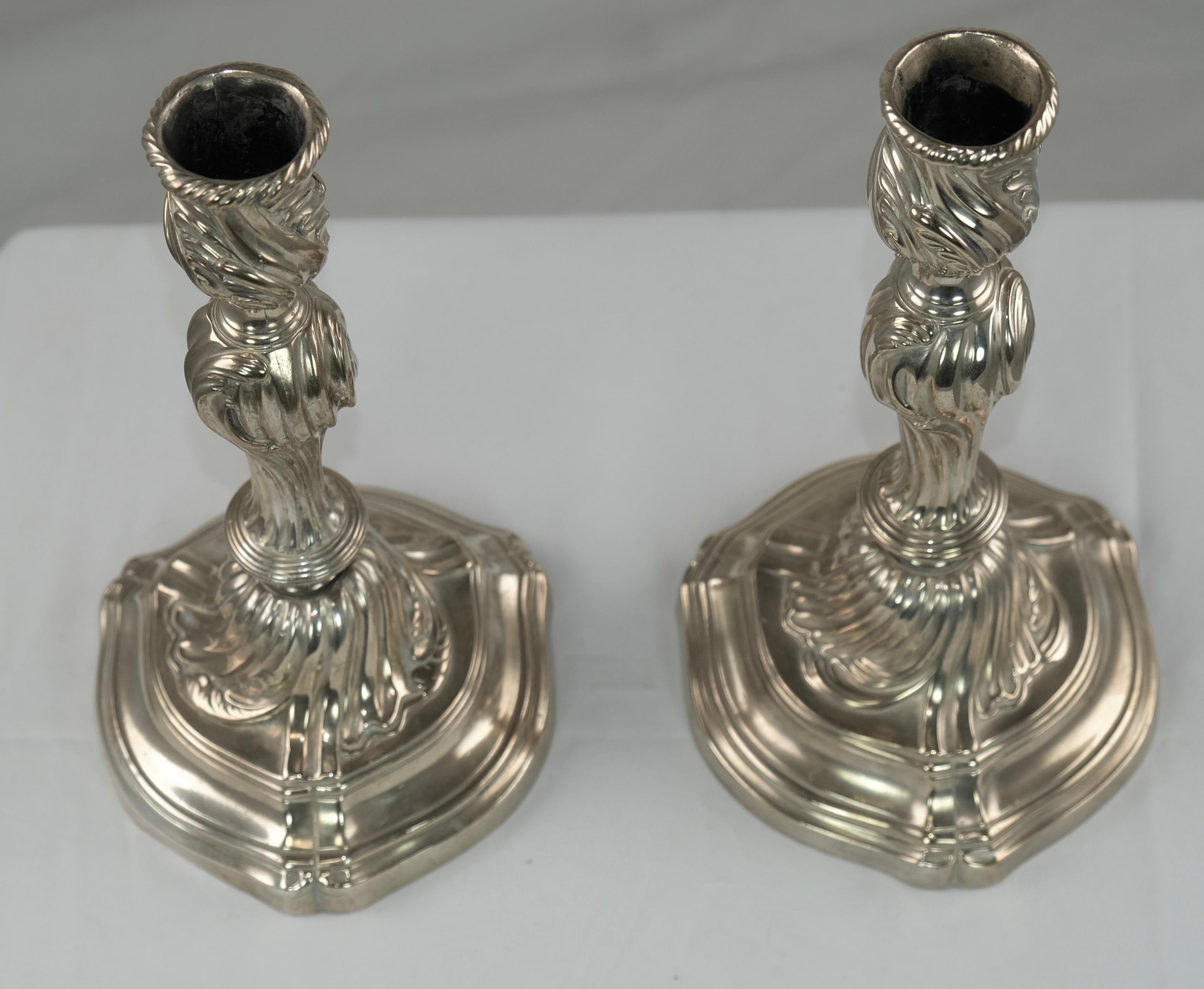 Cast Pair of silvered bronce Rococo Candlesticks, 18th Century