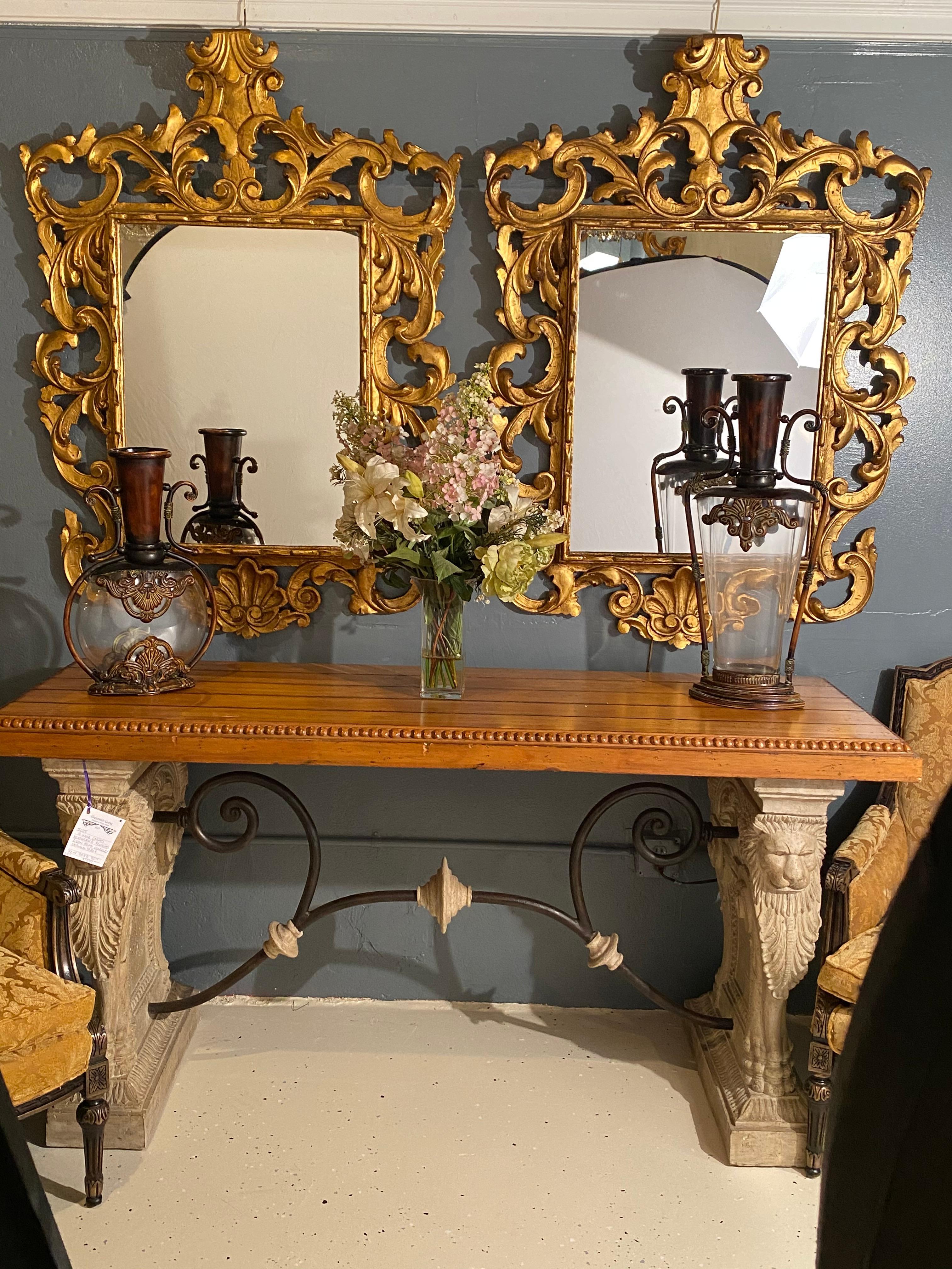 Mid-20th Century Pair of Rococo Style Frame Wall or Console Mirrors, Carved Gilded Wood Surrounds For Sale