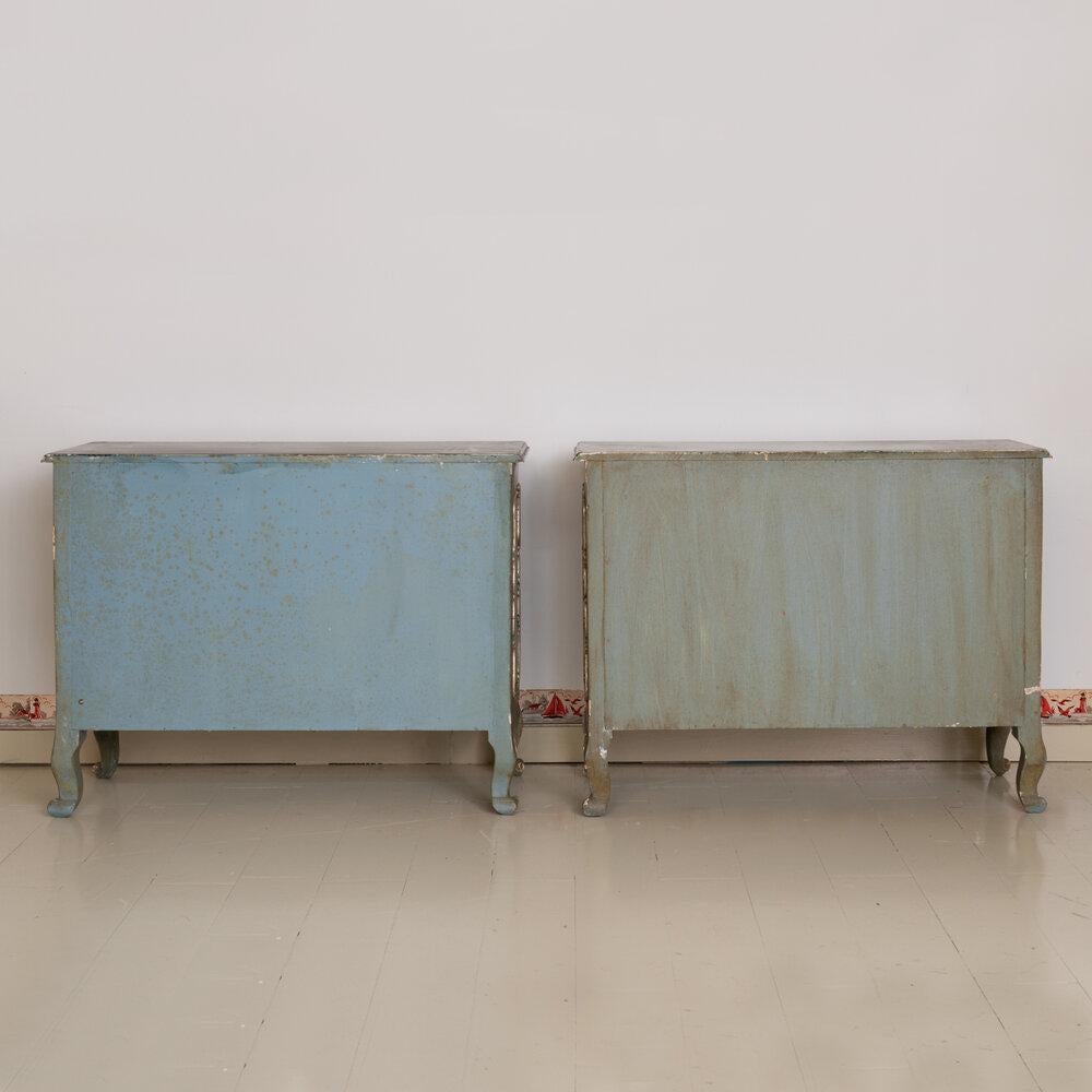 Painted Pair of Rococo French Dressers with Silver Leaf Details For Sale