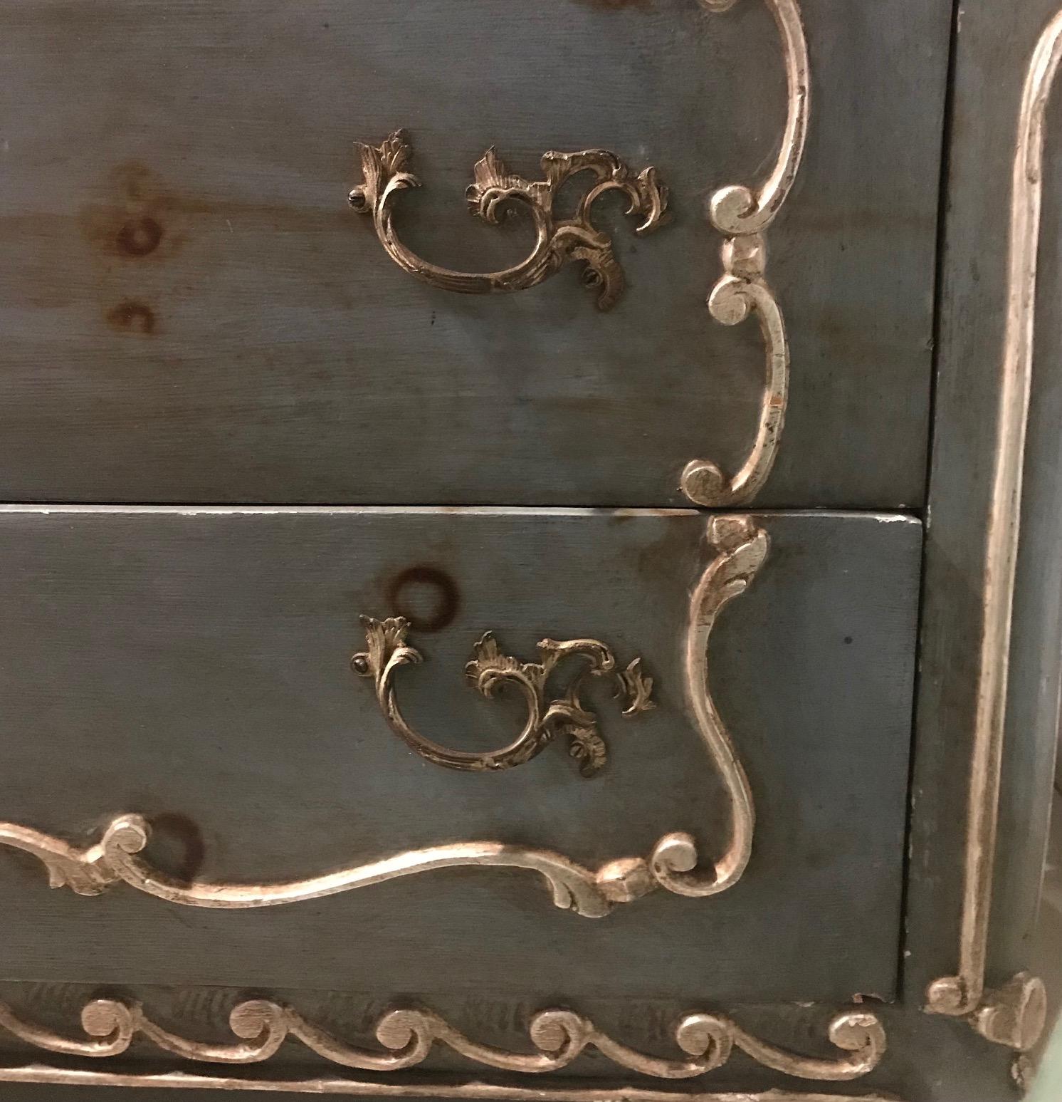 Pair of Rococo French Dressers with Silver Leaf Details In Good Condition For Sale In New York, NY