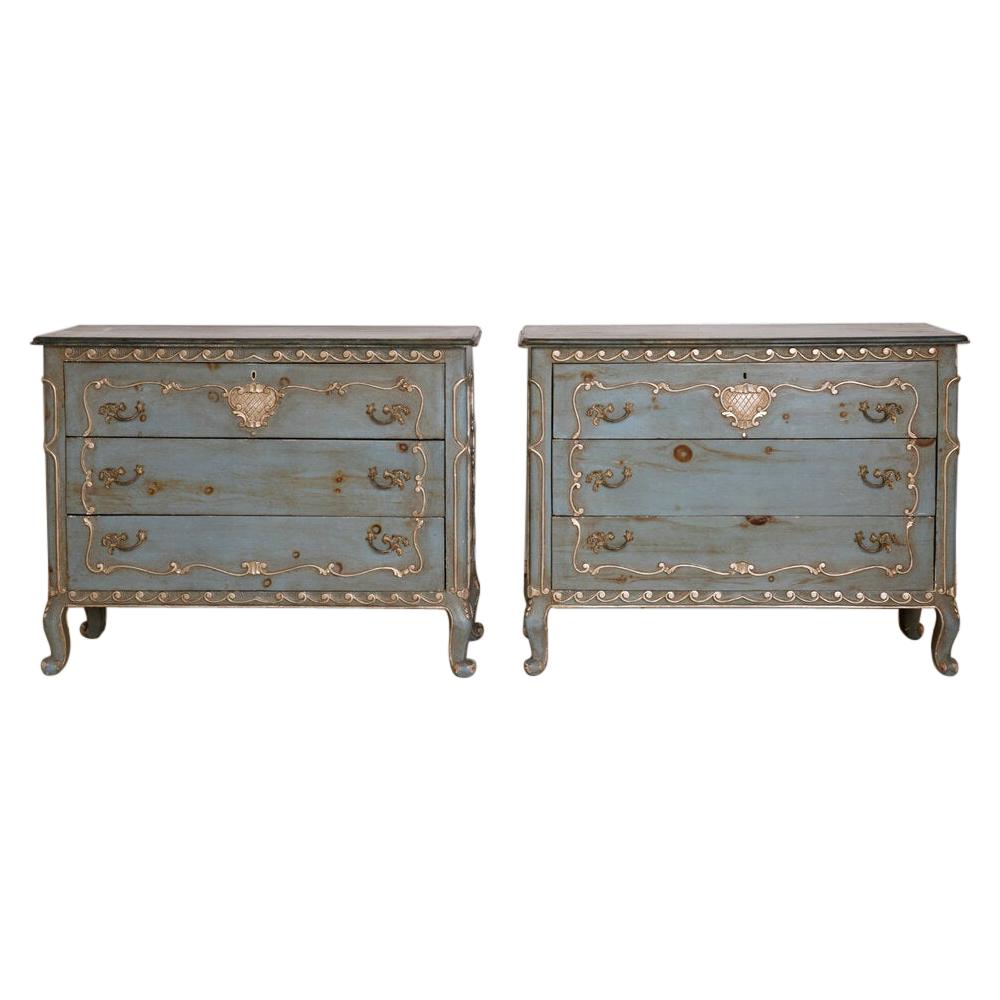 Pair of Rococo French Dressers with Silver Leaf Details For Sale