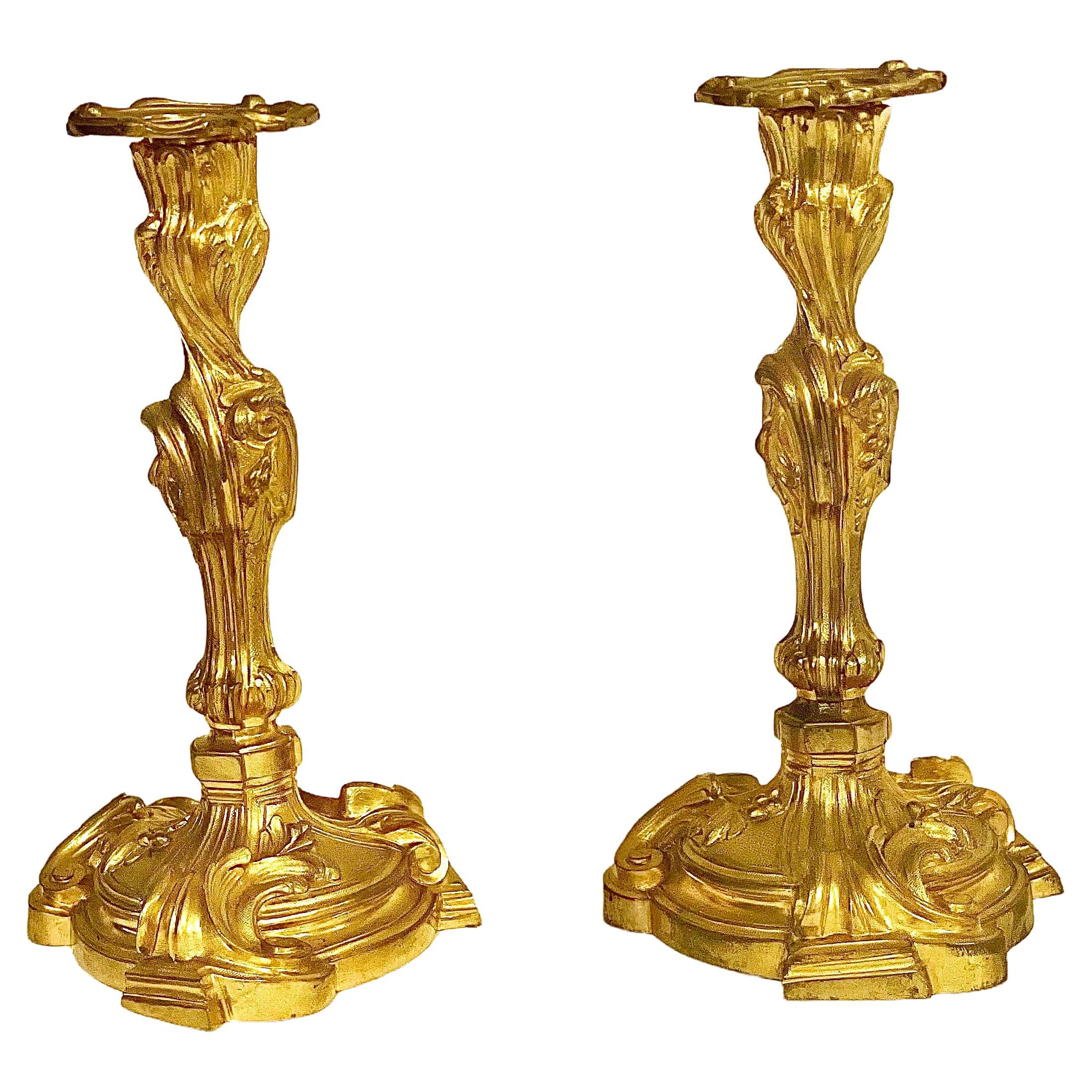 Pair of Rococo Gilt Bronze Candlesticks, France 19th Century