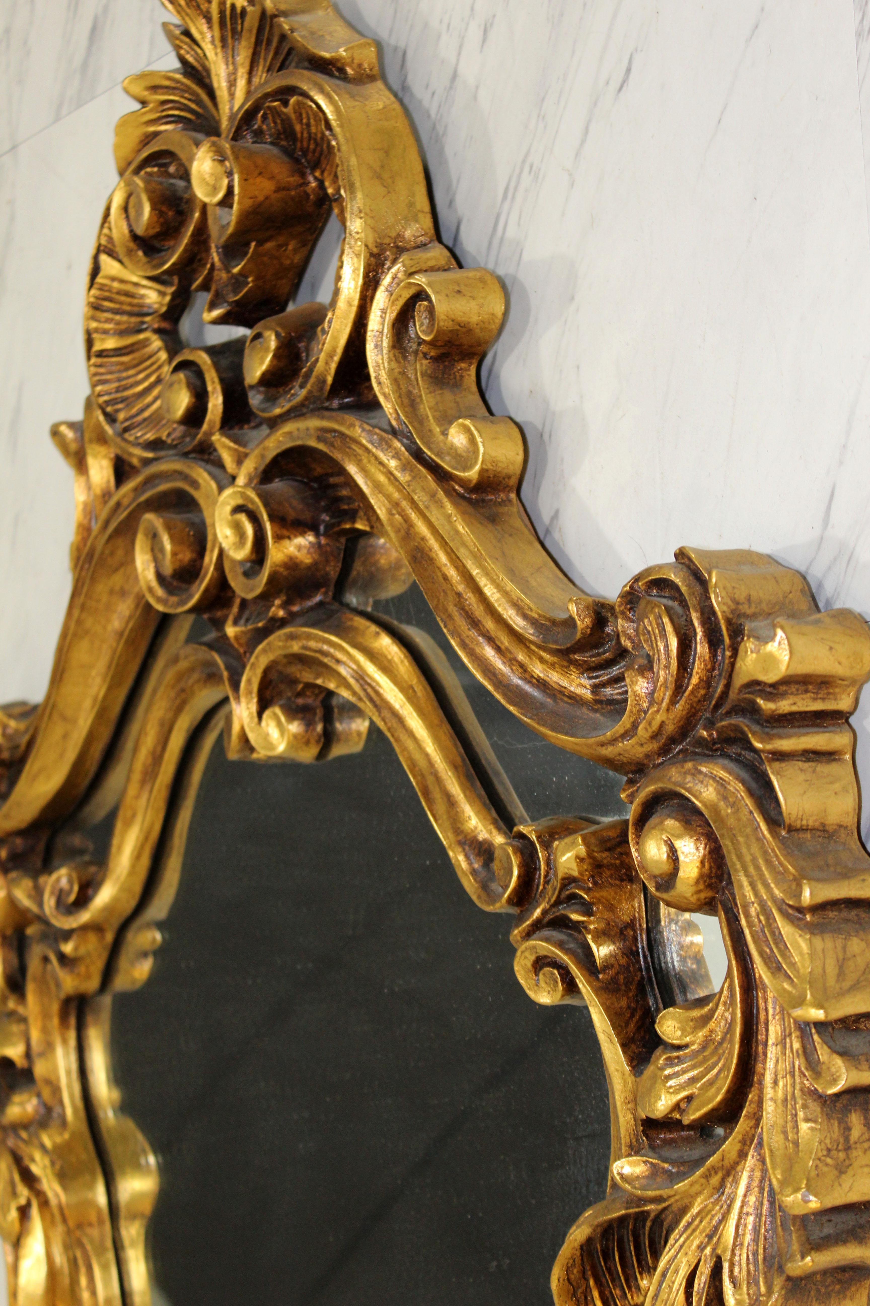 Pair of Rococo Hollywood Regency Style Gold Gilt Leaf Hanging Wall Mirrors 1