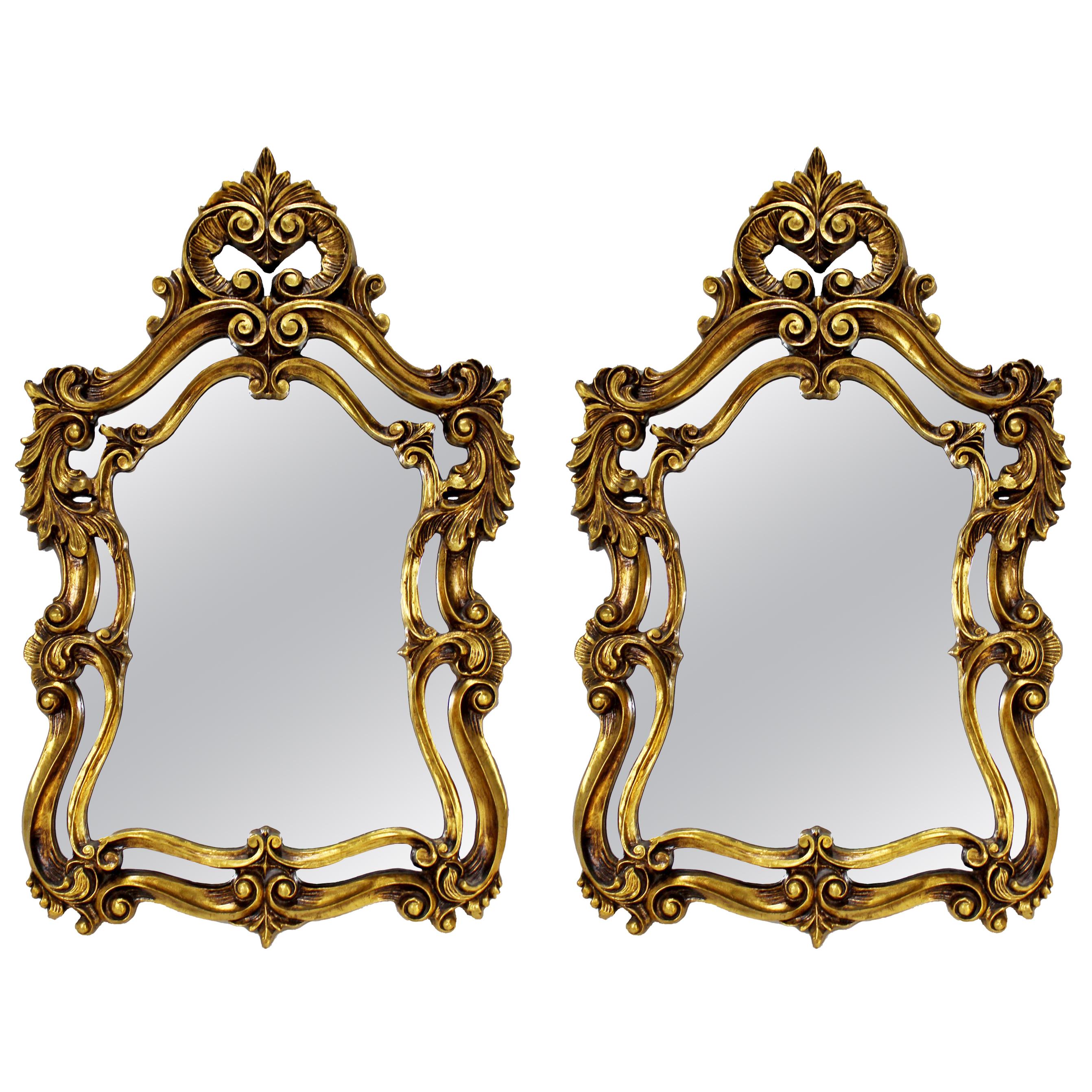 Pair of Rococo Hollywood Regency Style Gold Gilt Leaf Hanging Wall Mirrors