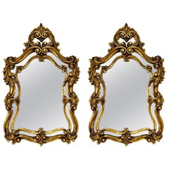 Pair of Rococo Hollywood Regency Style Gold Gilt Leaf Hanging Wall Mirrors